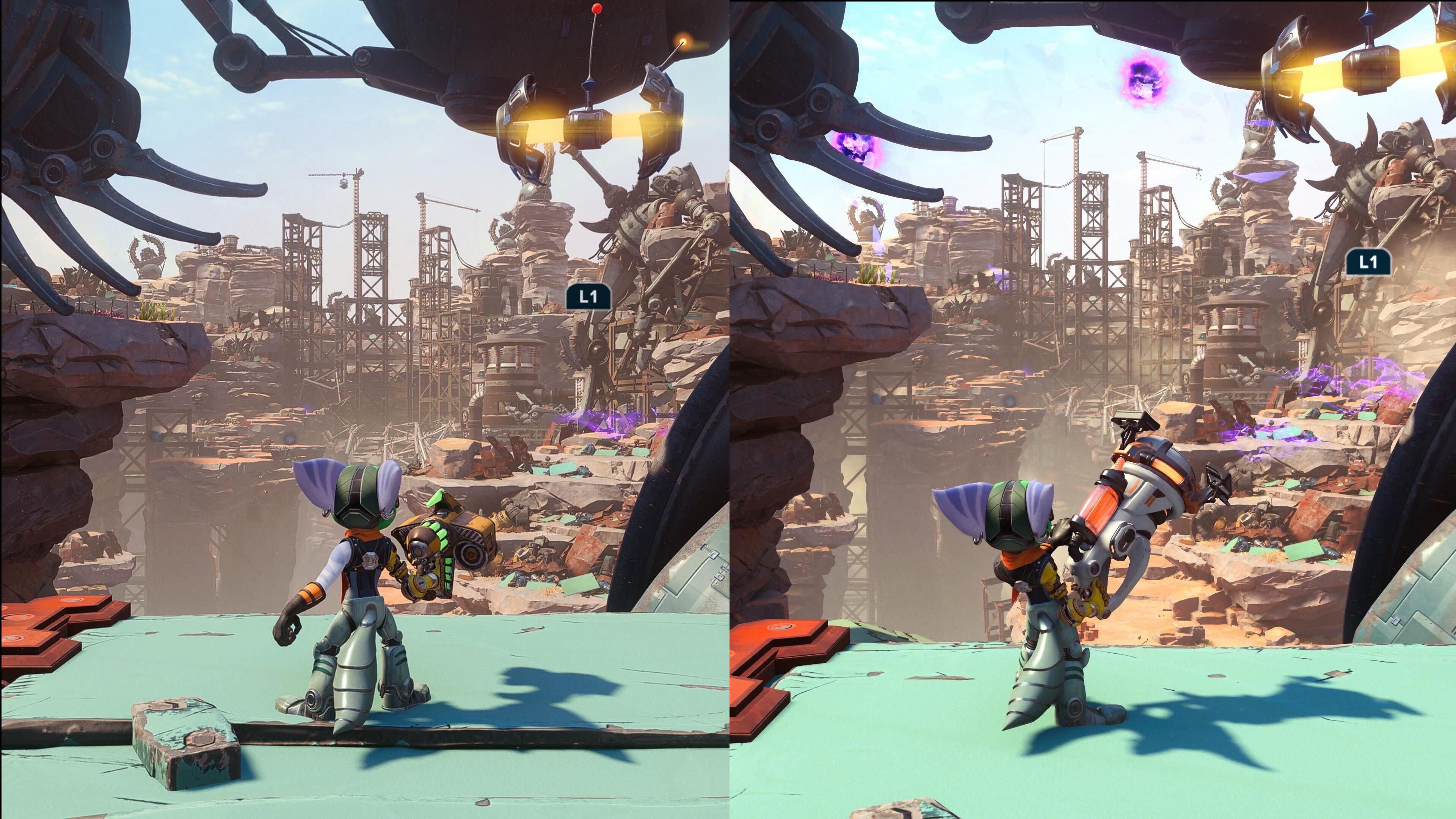 Ratchet and Clank PS5 (left) and PS5 Pro (right) comparison showing greater detail