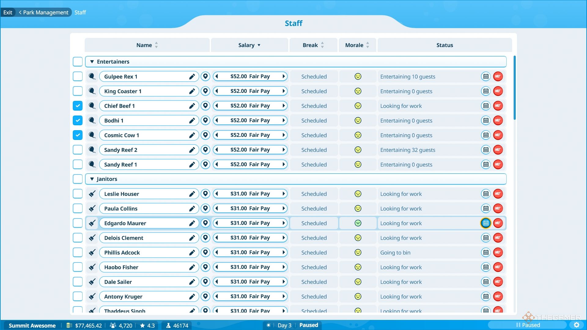 Viewing the staff schedule and selecting several employees.