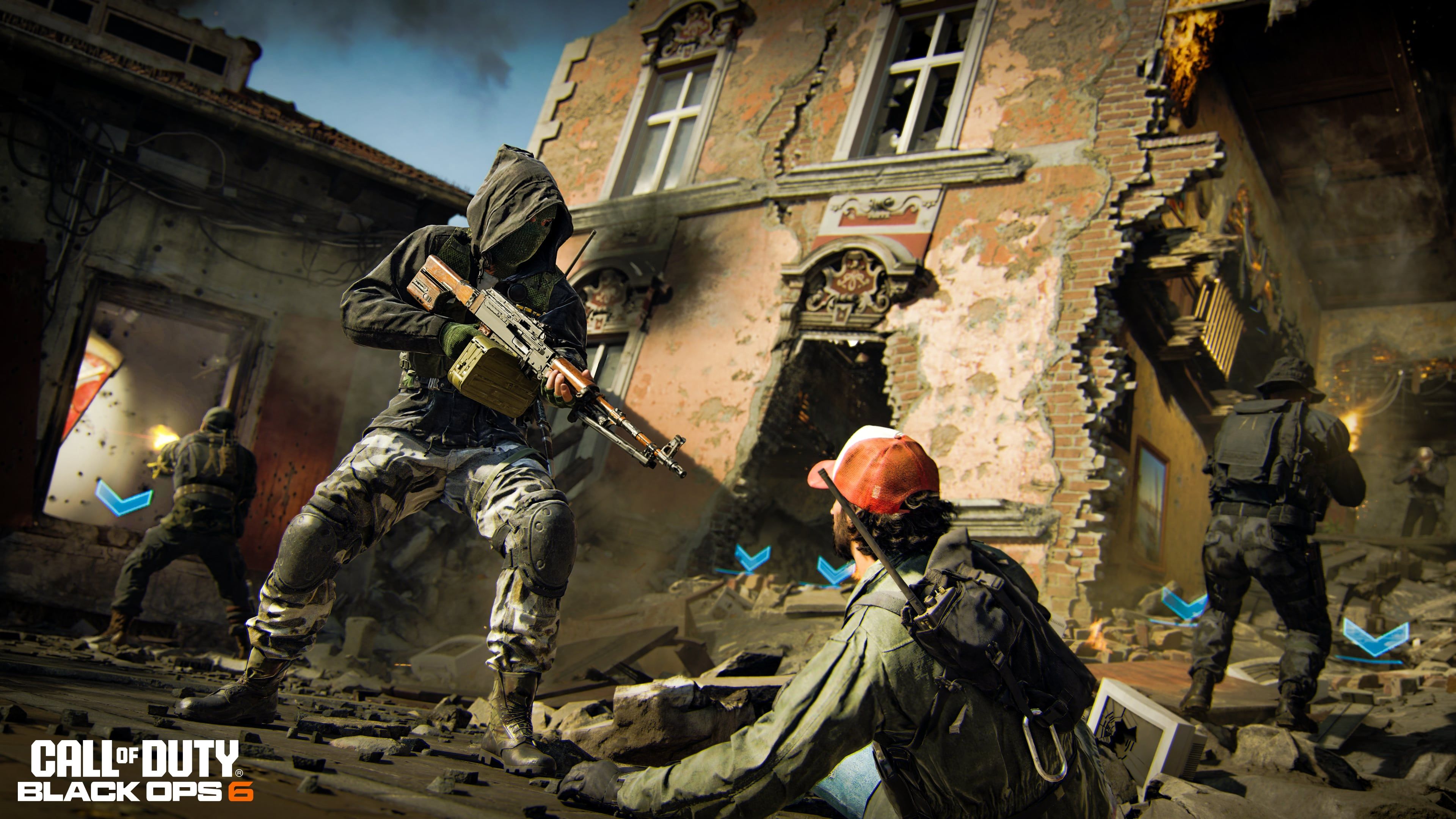 Operators secure an area while a wounded enemy glares at Stone holding an LMG in Call of Duty Black Ops 6.