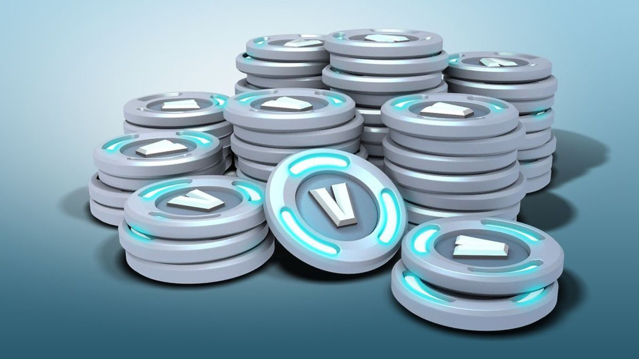 A stack of V-Bucks coins that could be used to buy the Fortnite Chapter 6 Season 1 Battle Pass