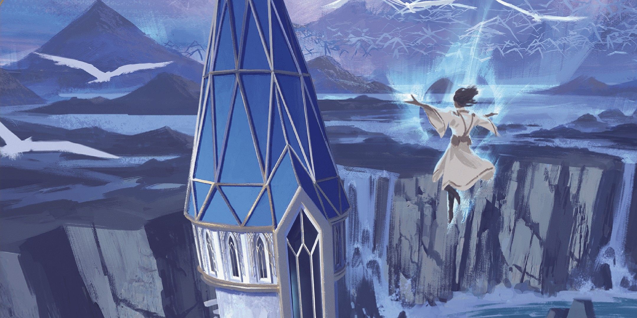 Dungeons & Dragons image showing a character floating by a tower.