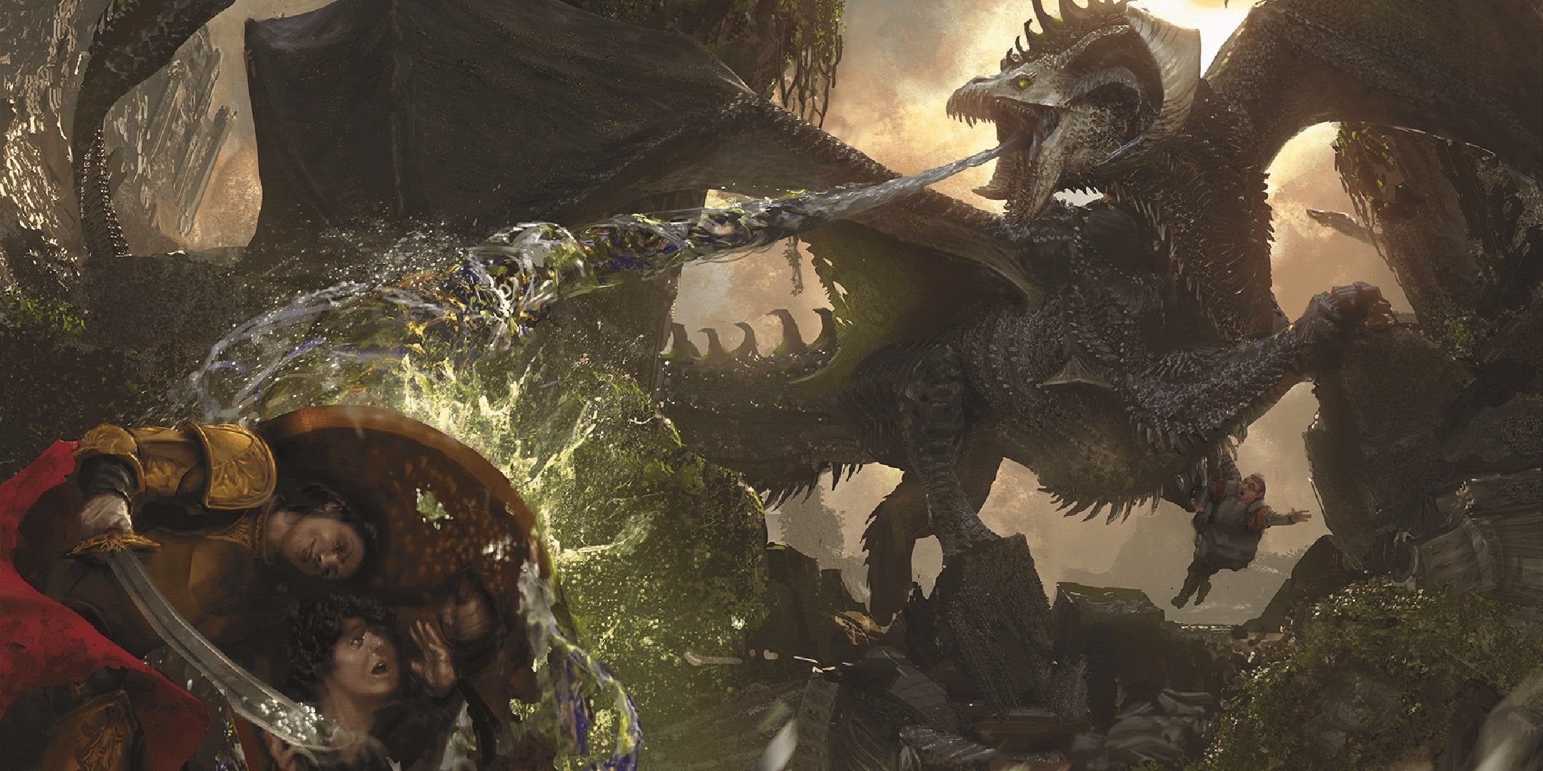 Dungeons & Dragons image showing A Fighter standing between an ally and a black dragon.