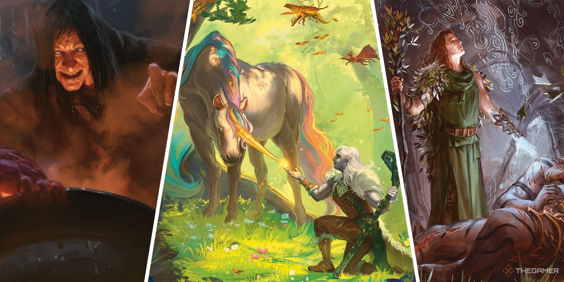 Dungeons & Dragons image showing Baba Yaga, a unicorn, and two adventurers.