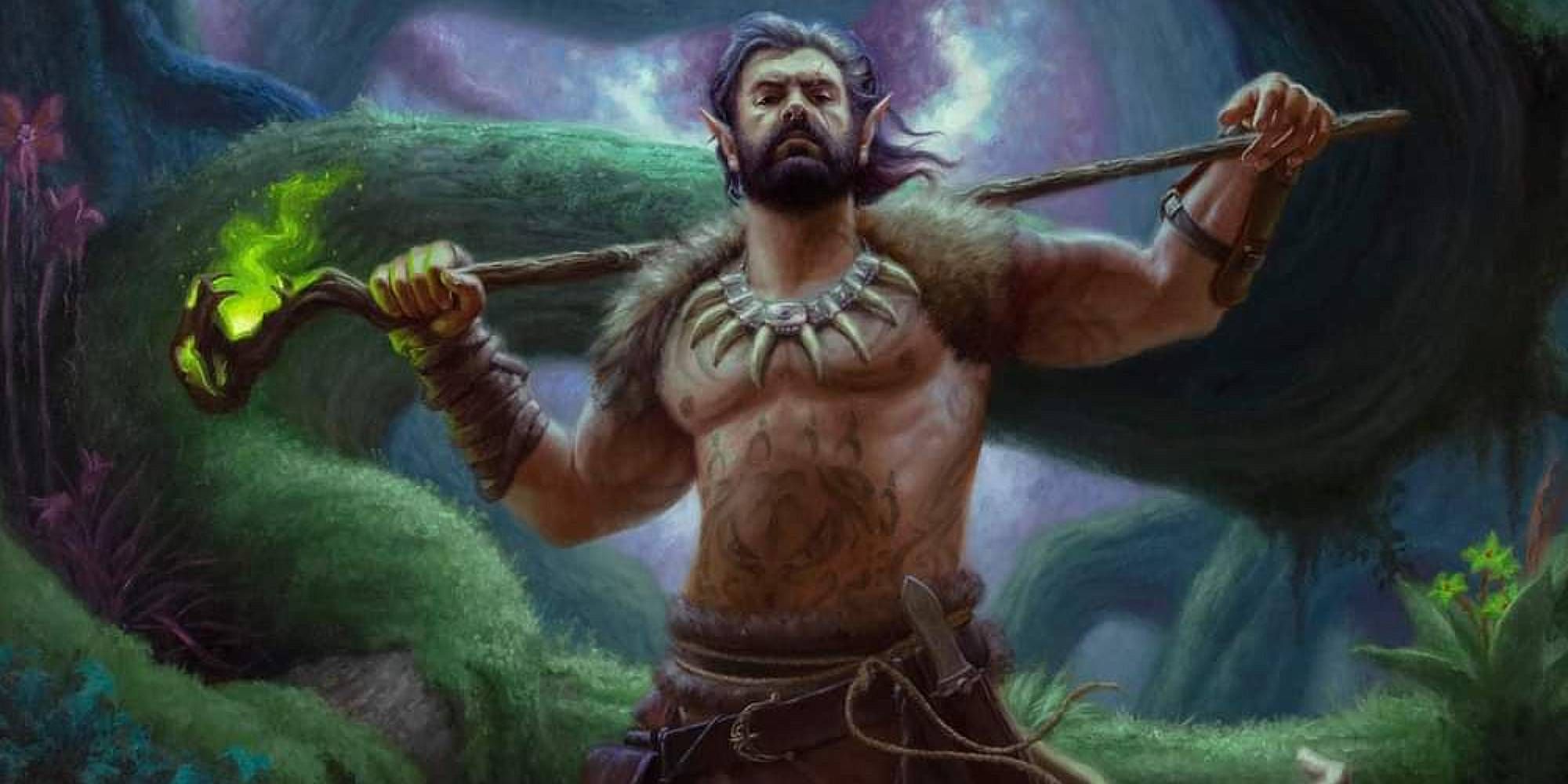 D&D art of A druid holding a staff and standing in front of a wild forest.