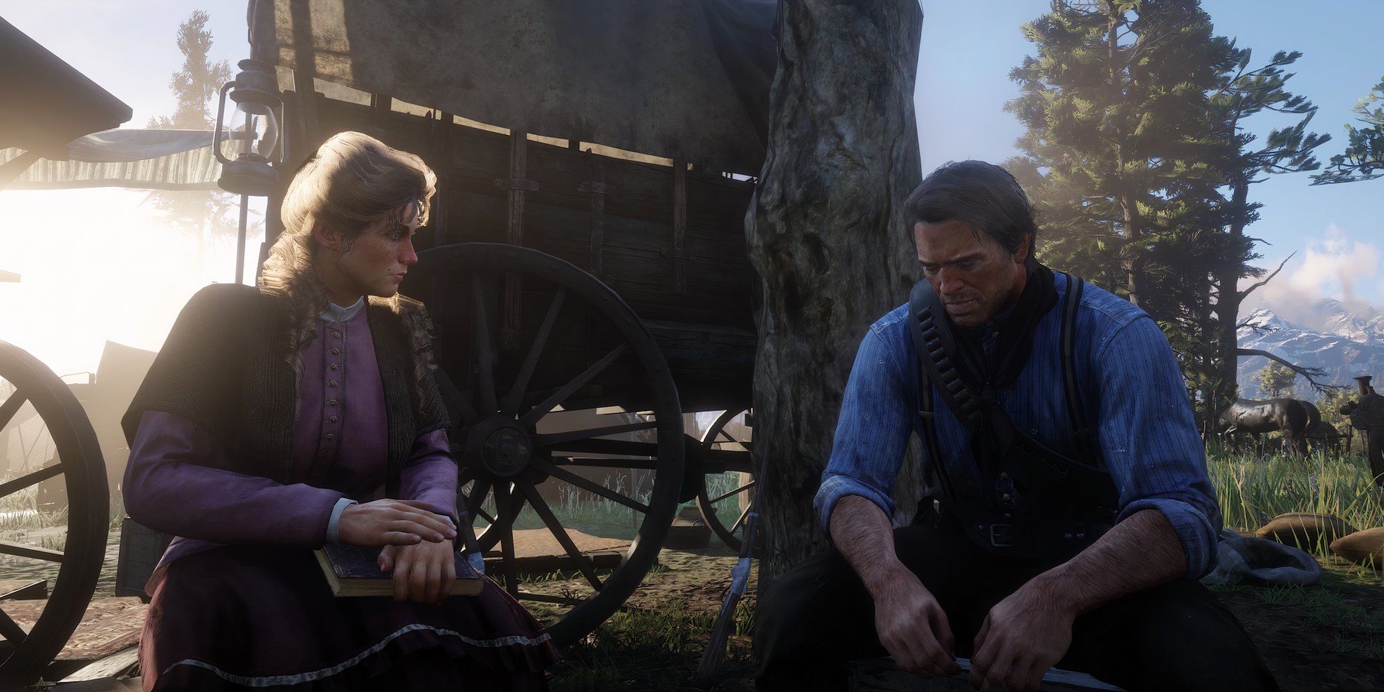 Mary-beth and Arthur Morgan talking in camp