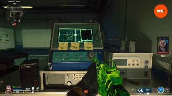 The player calibrating the machine with the Multiphasic Resonator during the Black Ops 6 Zombies Terminus easter egg.