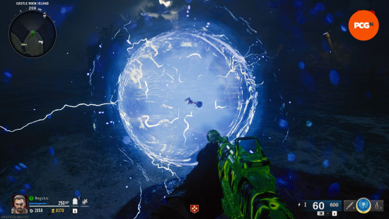 A glowing blue portal during the Black Ops 6 Zombies easter egg to craft the Beamsmasher.