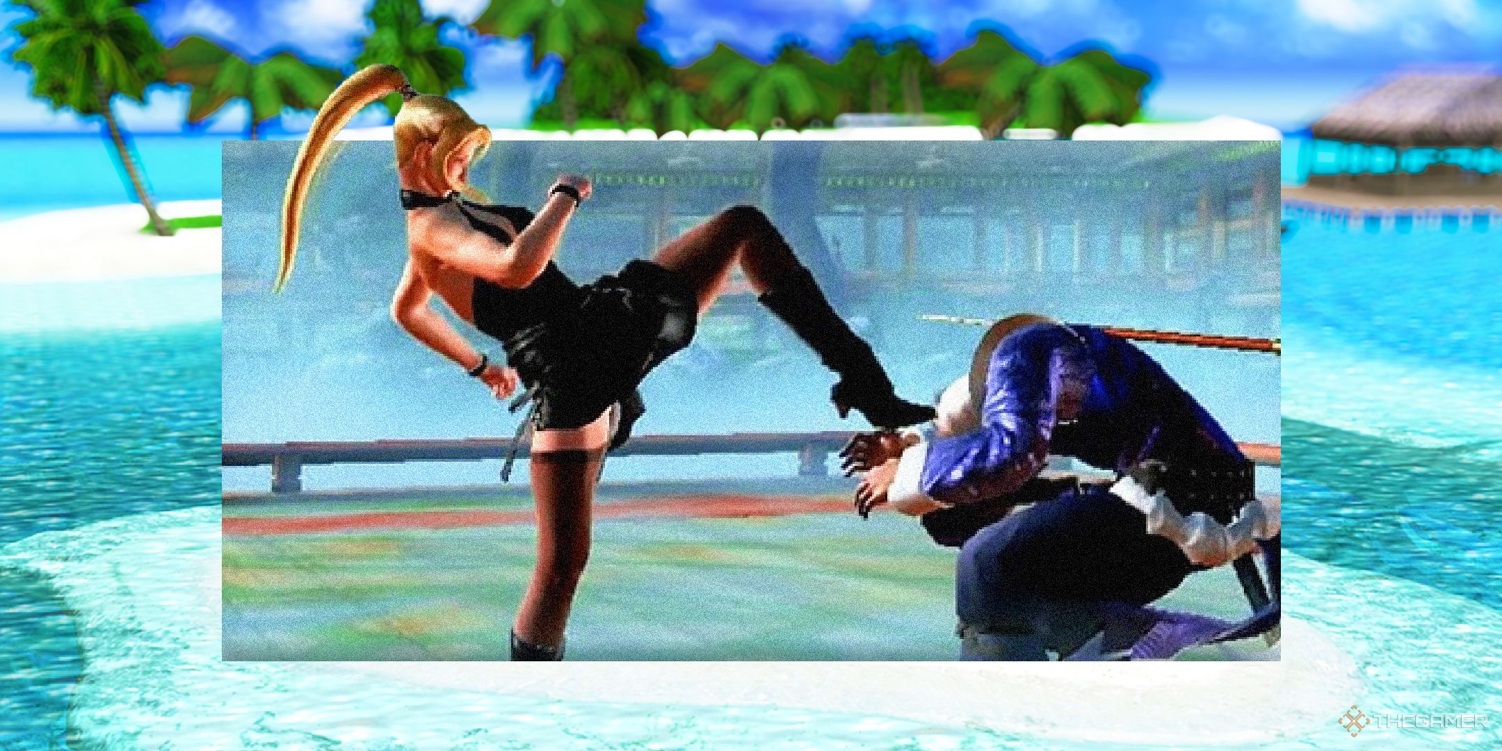 Two fighters in Virtua Fighter 5 battling over an old stage.