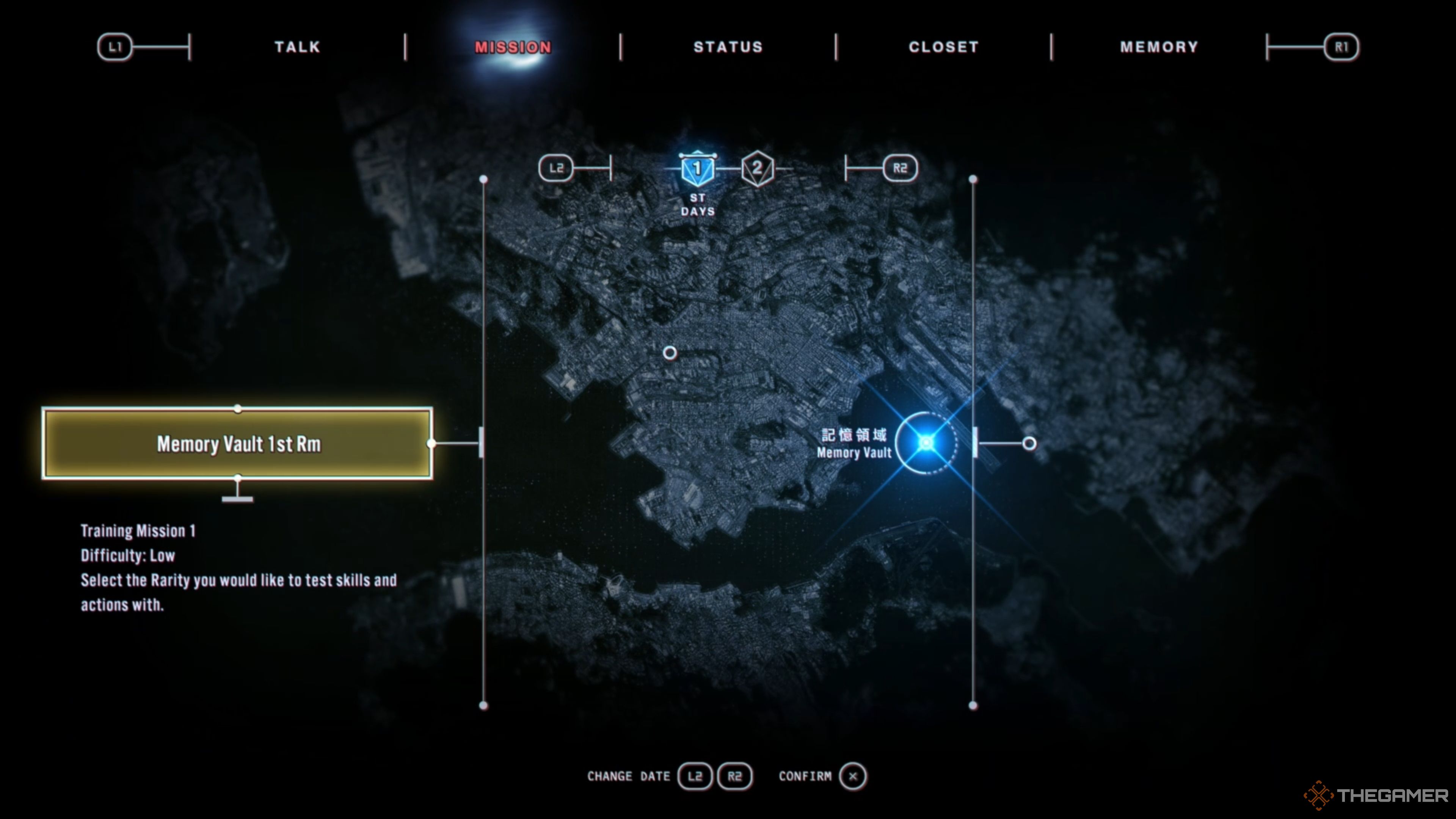 The Memory Vault 1st Rm Training Mission highlighted on the Day 1 Map in Slitterhead.