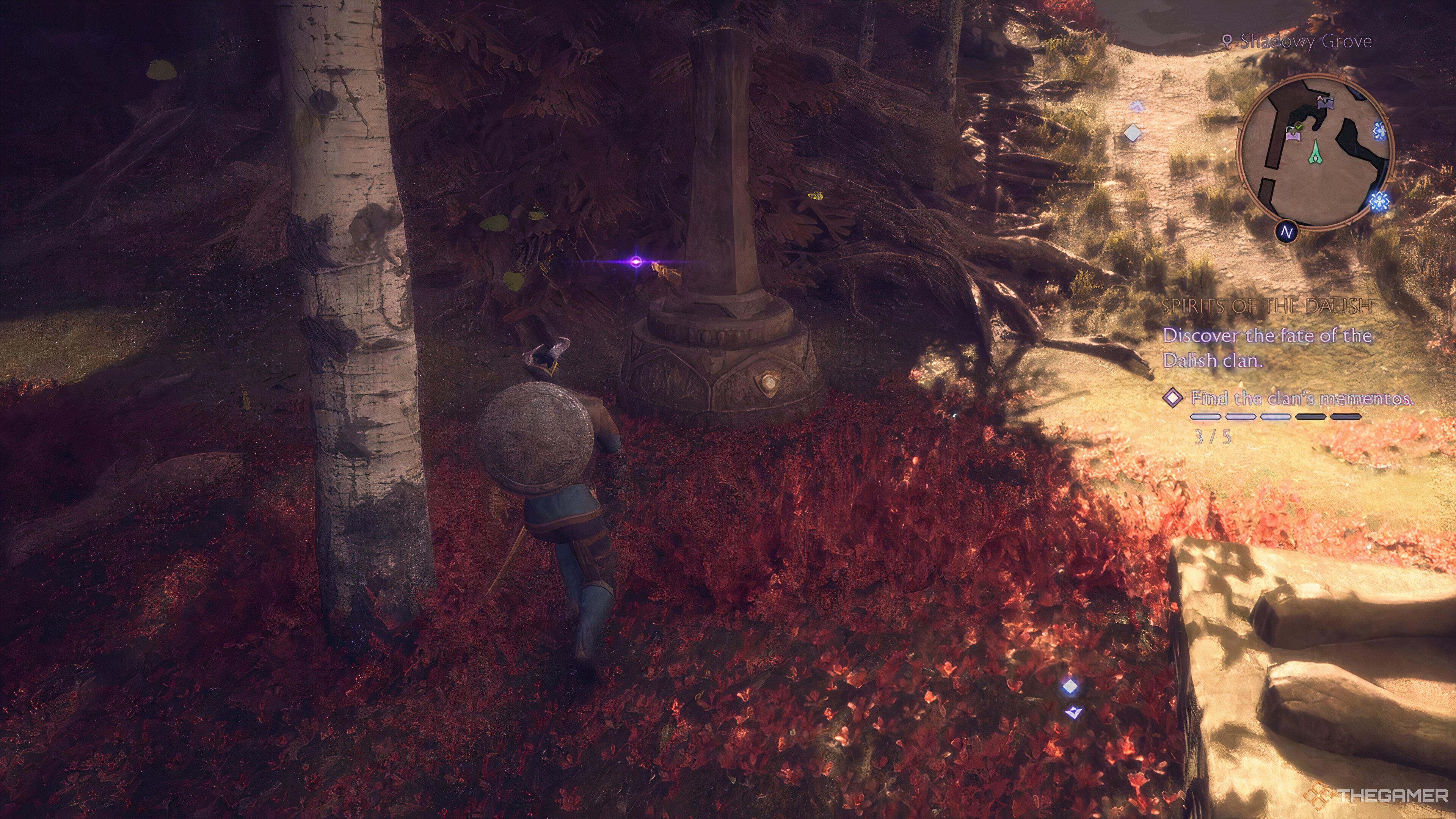 A Statue next to a tree near Rook running in Dragon Age: The Veilguard.