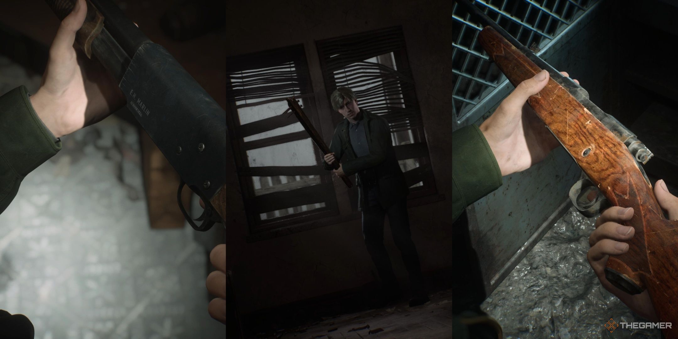 James holding a shotgun, wooden board, and hunting rifle in silent hill 2 remake, left to right.