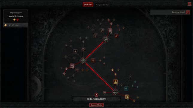 A screenshot of Diablo 4 shows a skill tree with specific skills selected.