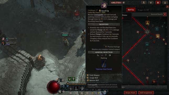 A screenshot of Diablo 4 shows a skill tree with specific skills selected.