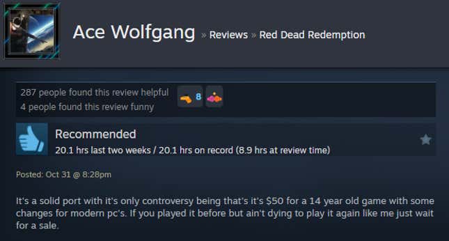 Image for article titled Red Dead Redemption Remaster, As Told By Steam Reviews