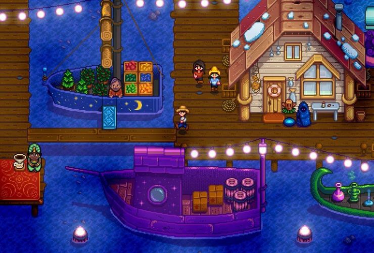 Stardew Valley screenshot at the docks during the Night Market festival.