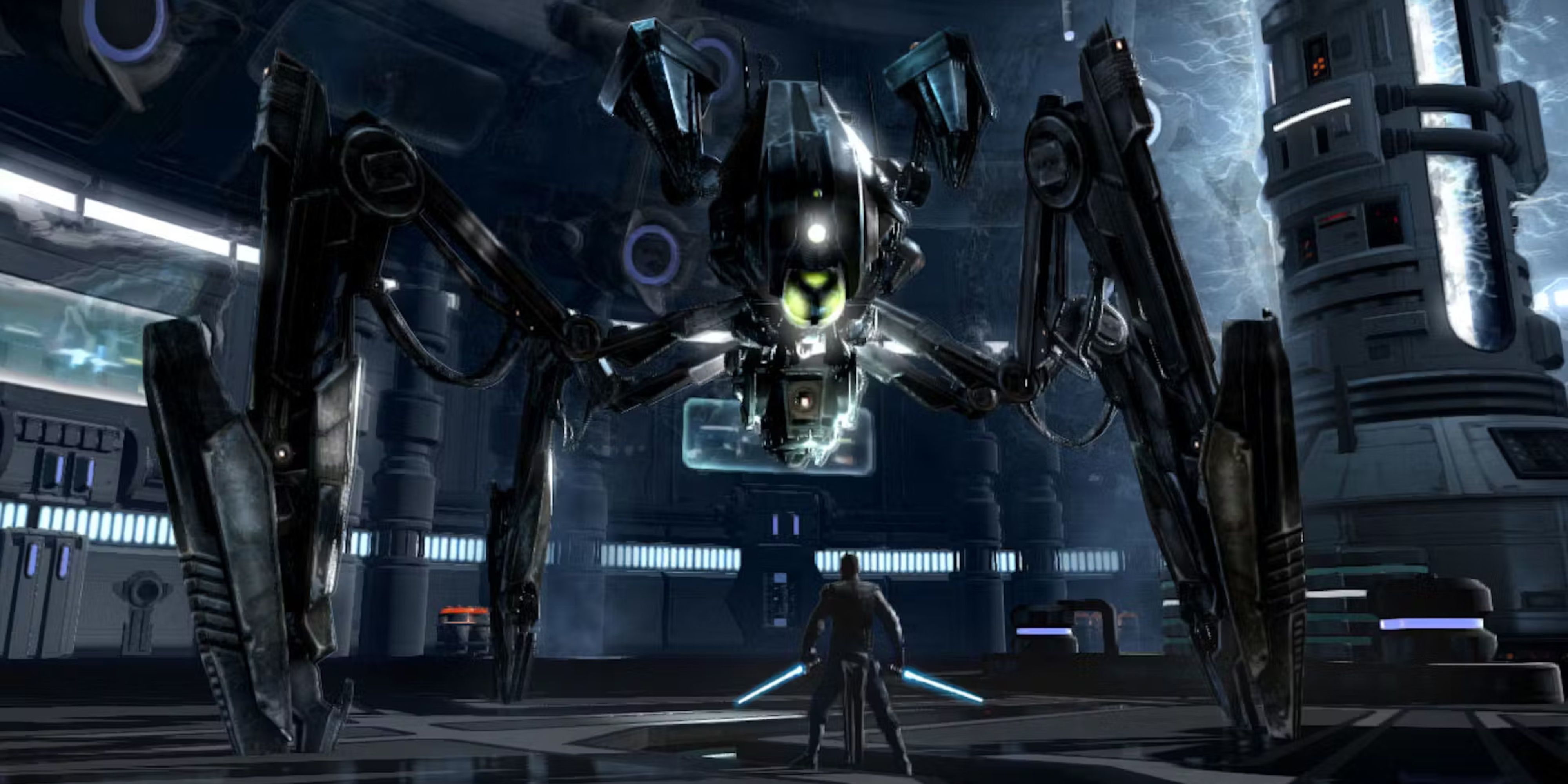 jedi looking up at a mech in the force unleashed.