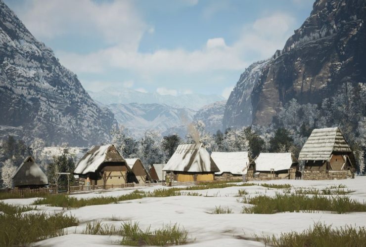 A scenic medieval European village nestled between snowcapped mountains in Manor Lords.