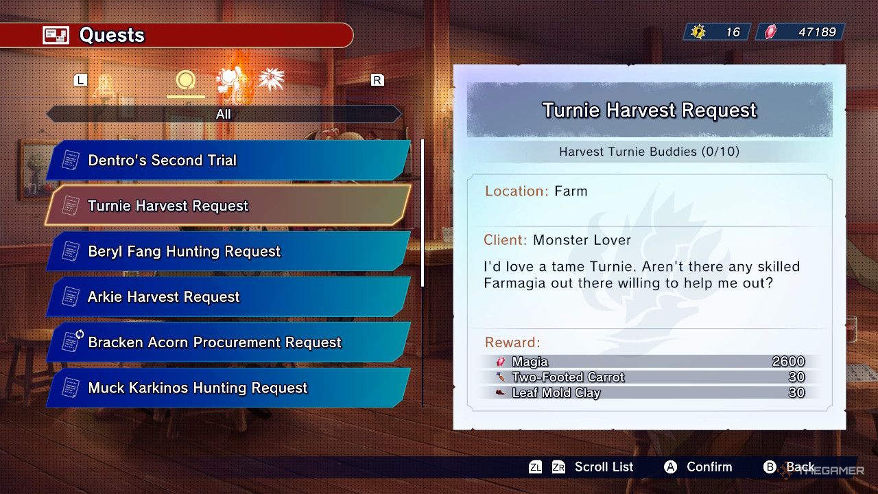 The Turnie Harvest request guide is shown in the quest menu.