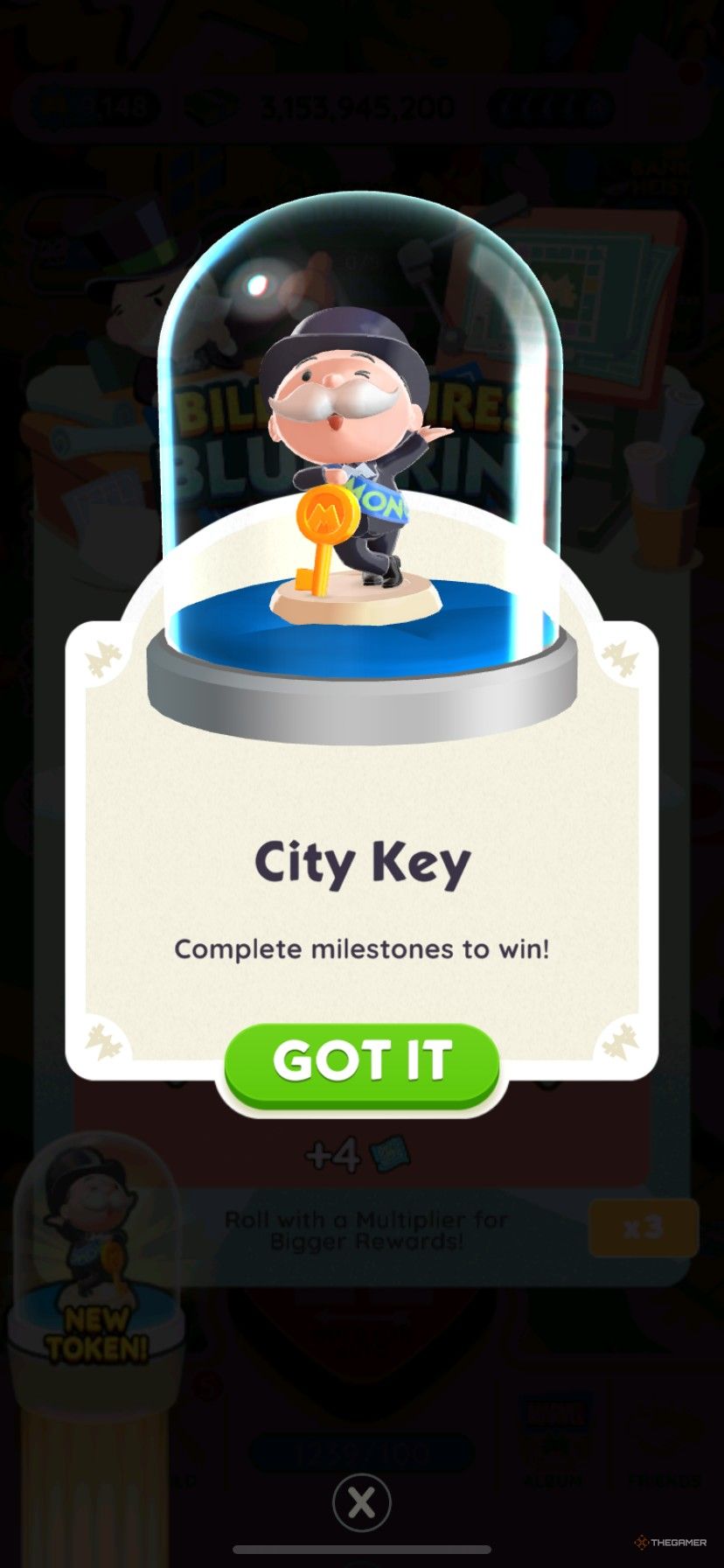 The City Key board token available in Billionaire's Blueprint in Monopoly Go.