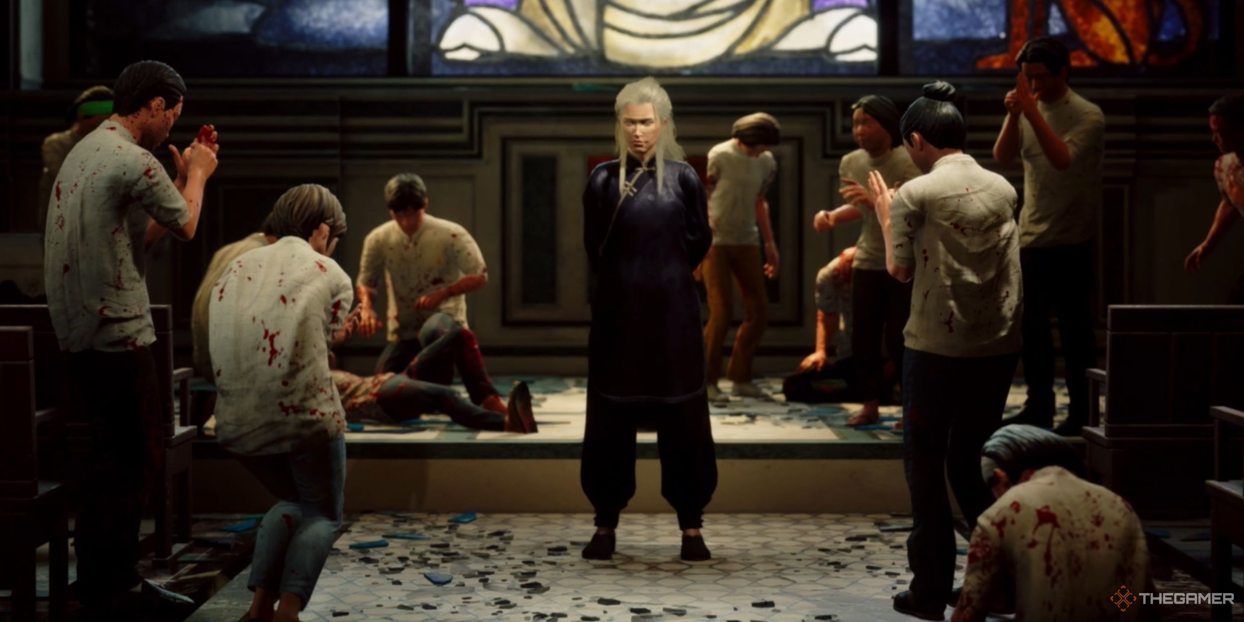 Yin Yue standing in the center of the chapel, surrounded by bloodied followers in Slitterhead.