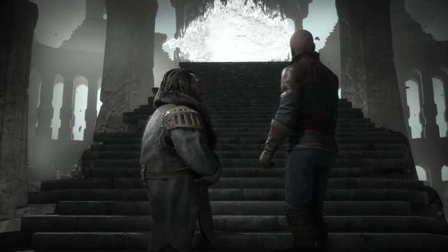 Varric and Rook talk at the bottom of a long staircase.