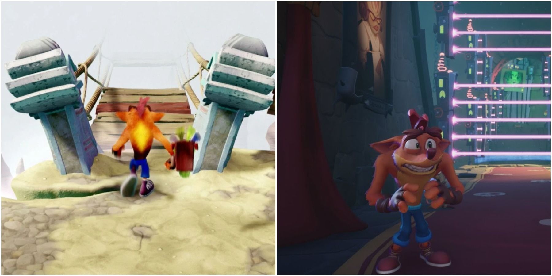 Crash Bandicoot (Left) Crash running at a bridge (Right) Crash shaking in fear