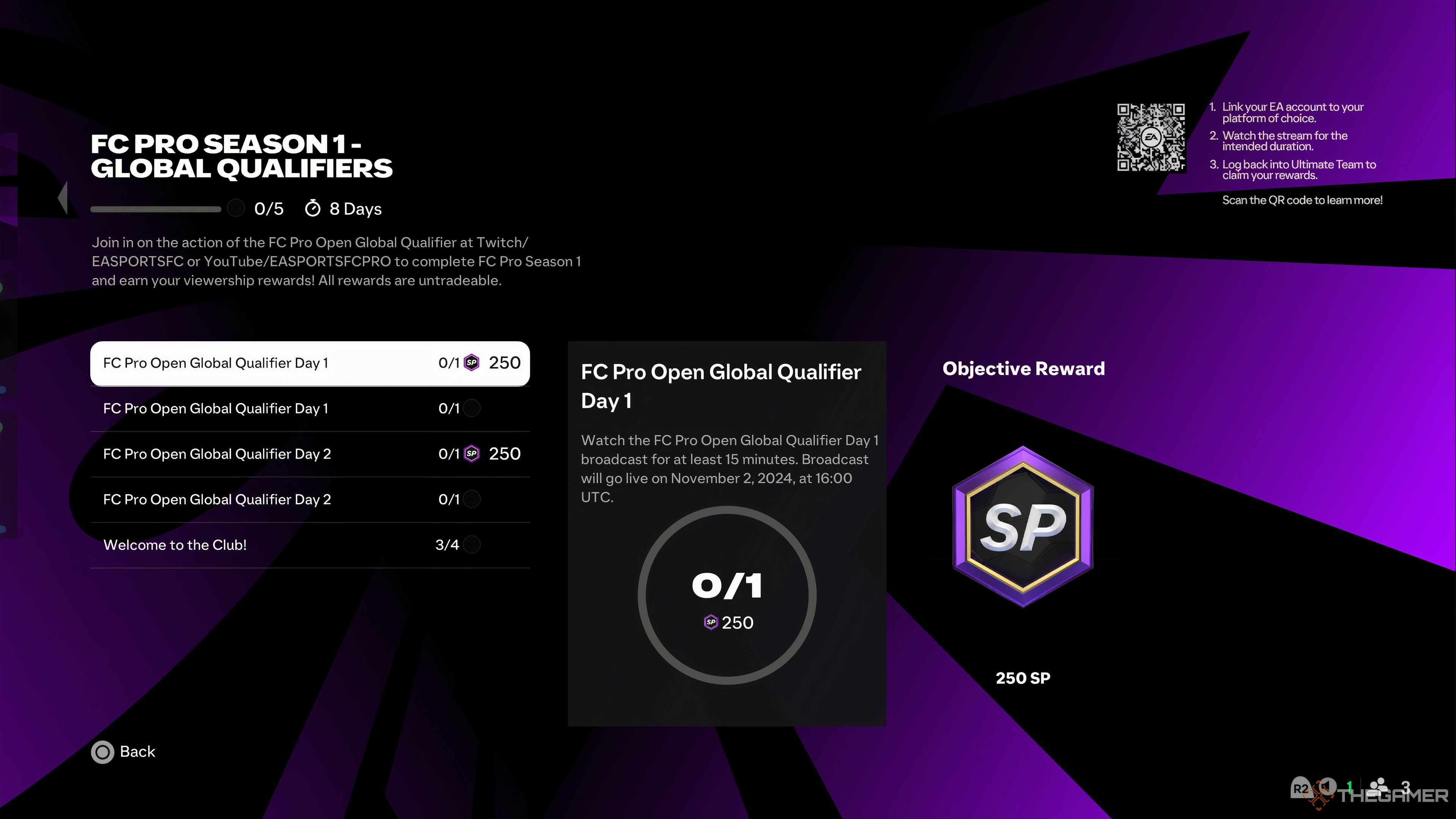 A screenshot of FC Pro Season 1 - Global Qualifiers Objectives. 