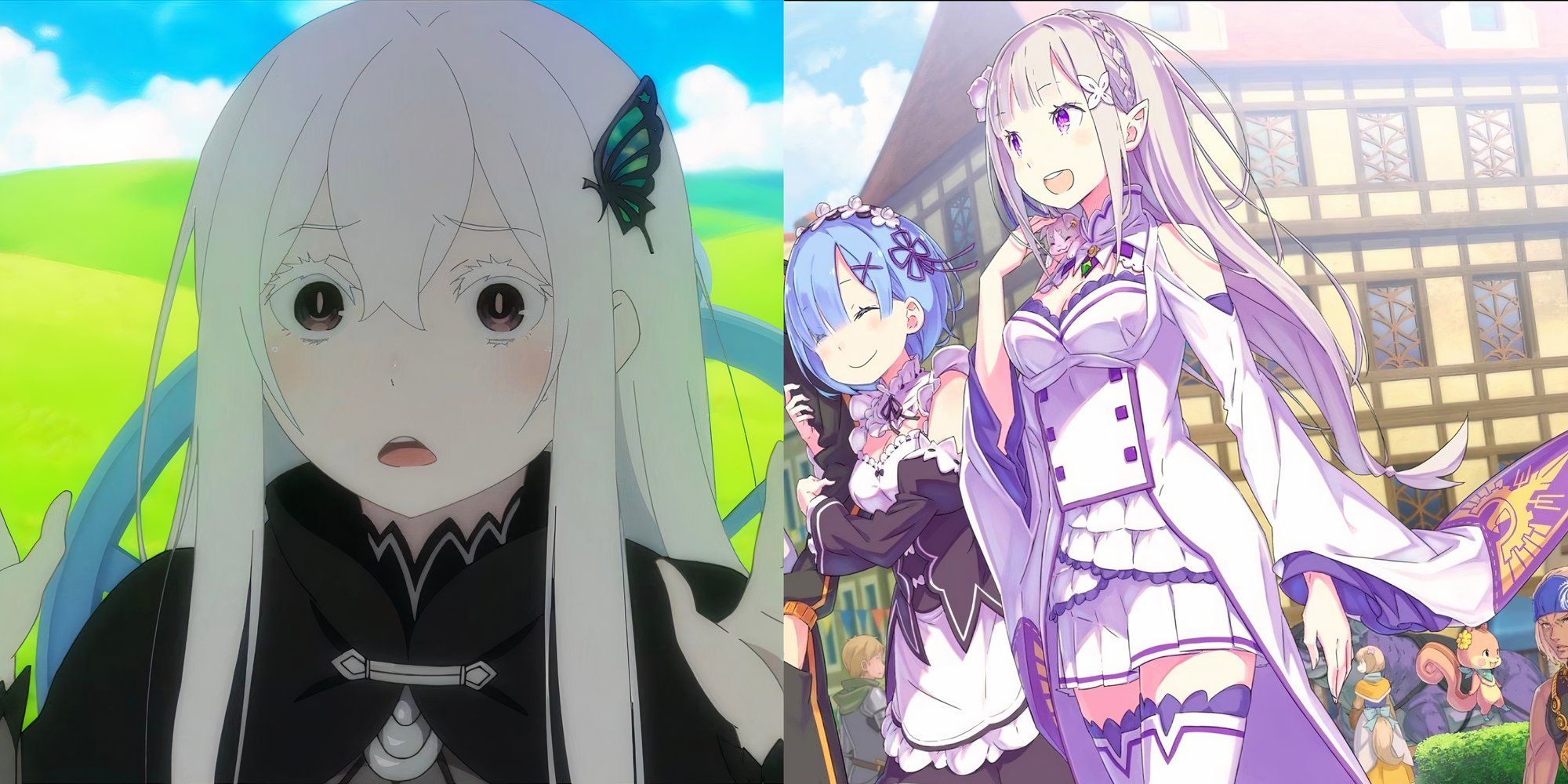 Echidna looking nervous, Rem and Emilia joyfully walking in Re:Zero