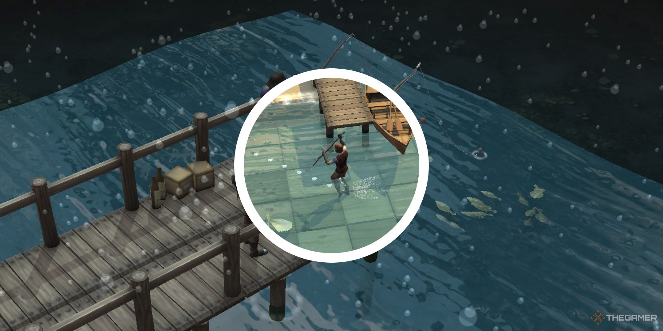 A background image of a rainy pier with a circle PNG showing a player use the fishing rod.