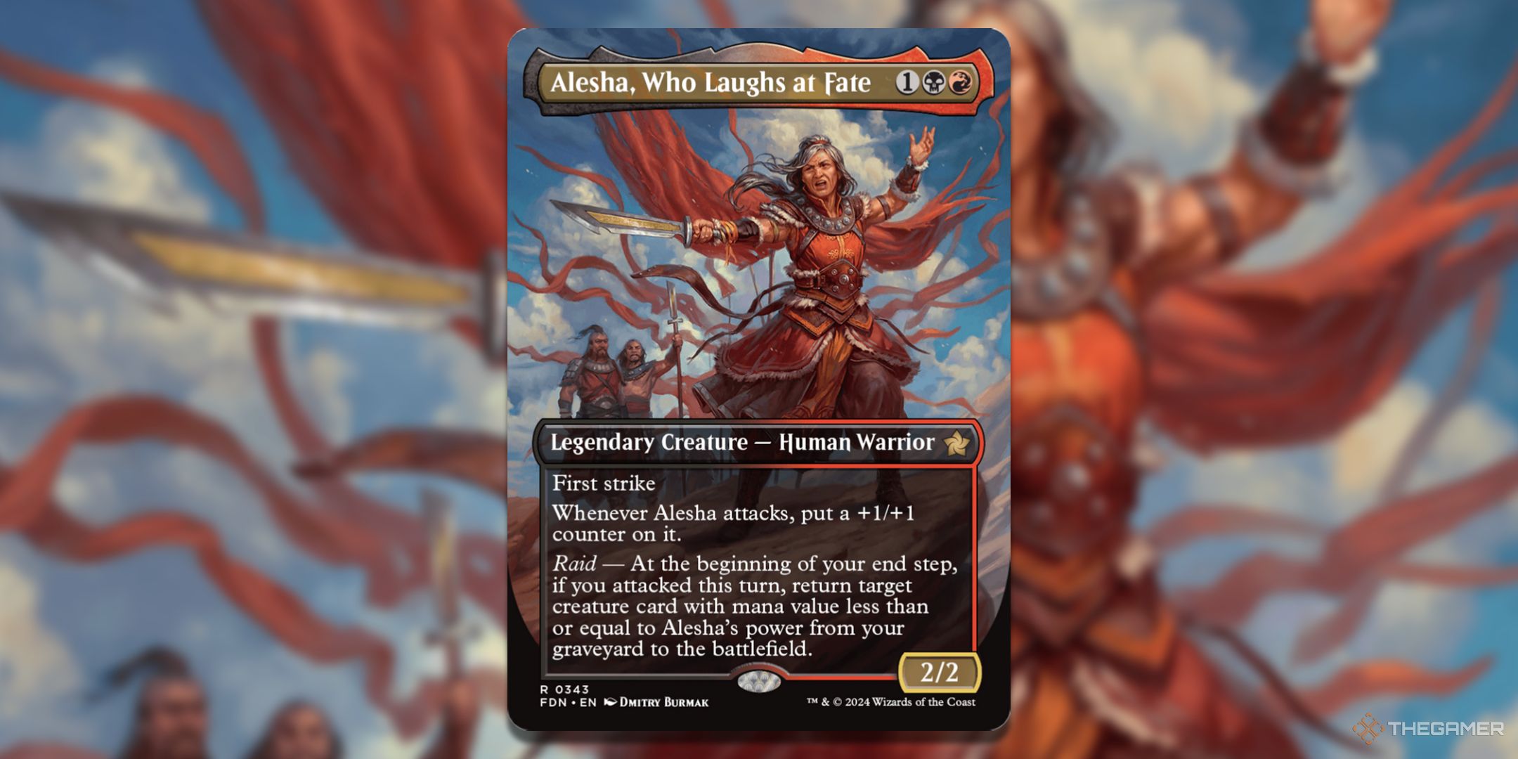 MTG Alesha, Who Laughs at Fate card with the art in the background.