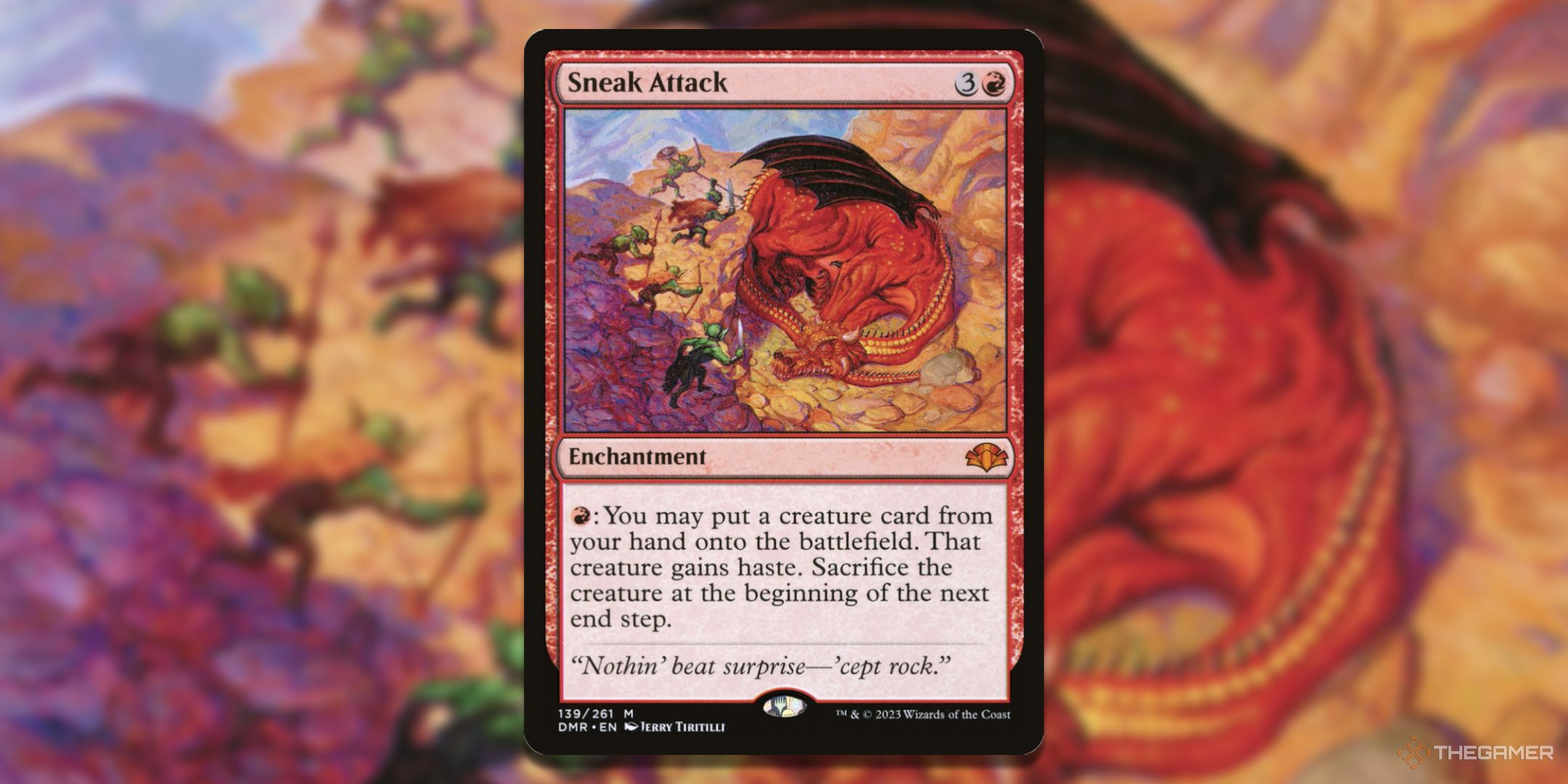 MTG Sneak Attack card with the art in the background.