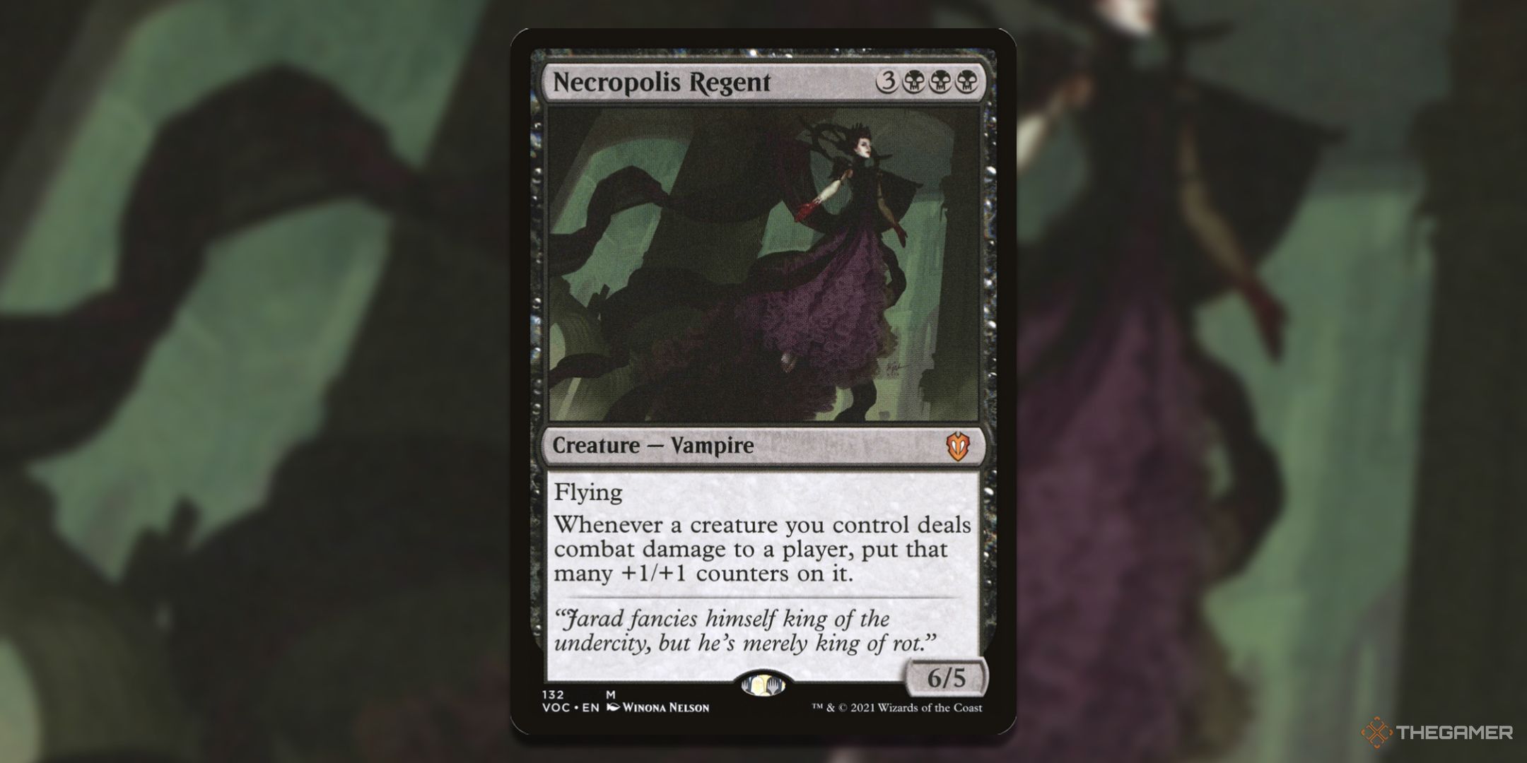 MTG Necropolis Regent card with the art in the background.