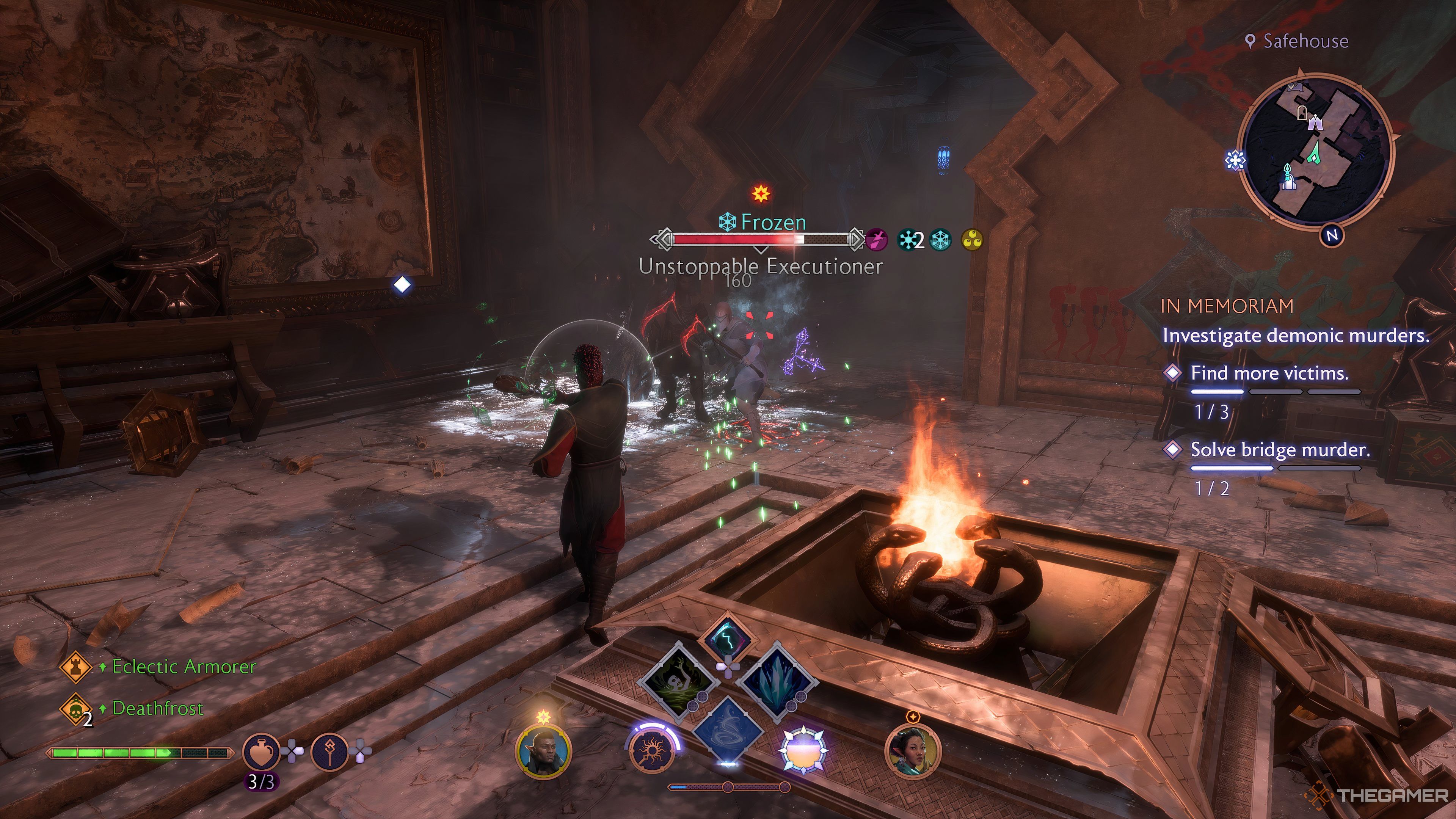 Player Rook, Davrin, and Bellara fighting a Venatori in the Shadow Dragon's safehouse in Dragon Age: The Veilguard.