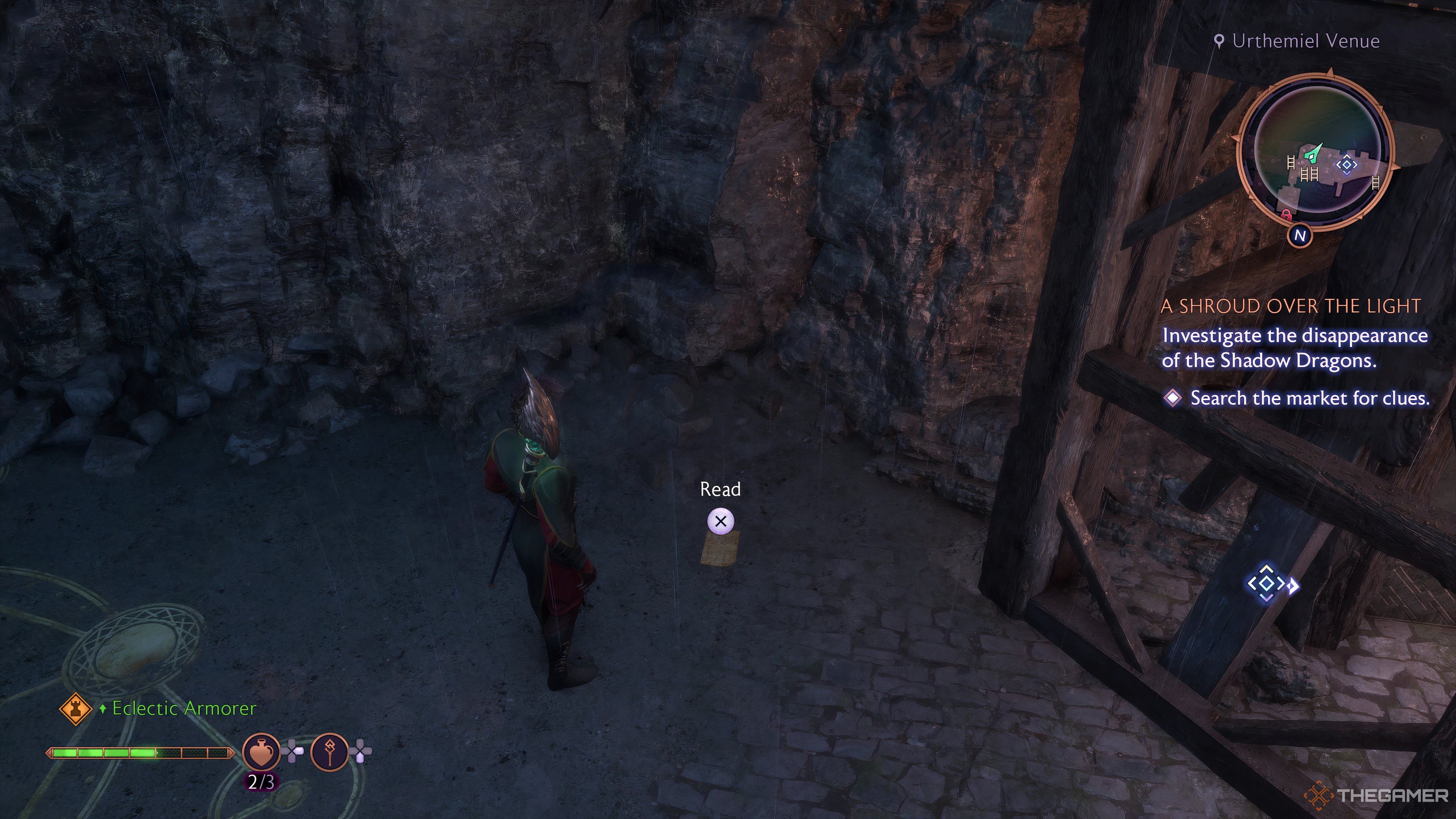 Player Rook standing by a note on the ground behind some scaffolding in Dragon Age: The Veilguard.