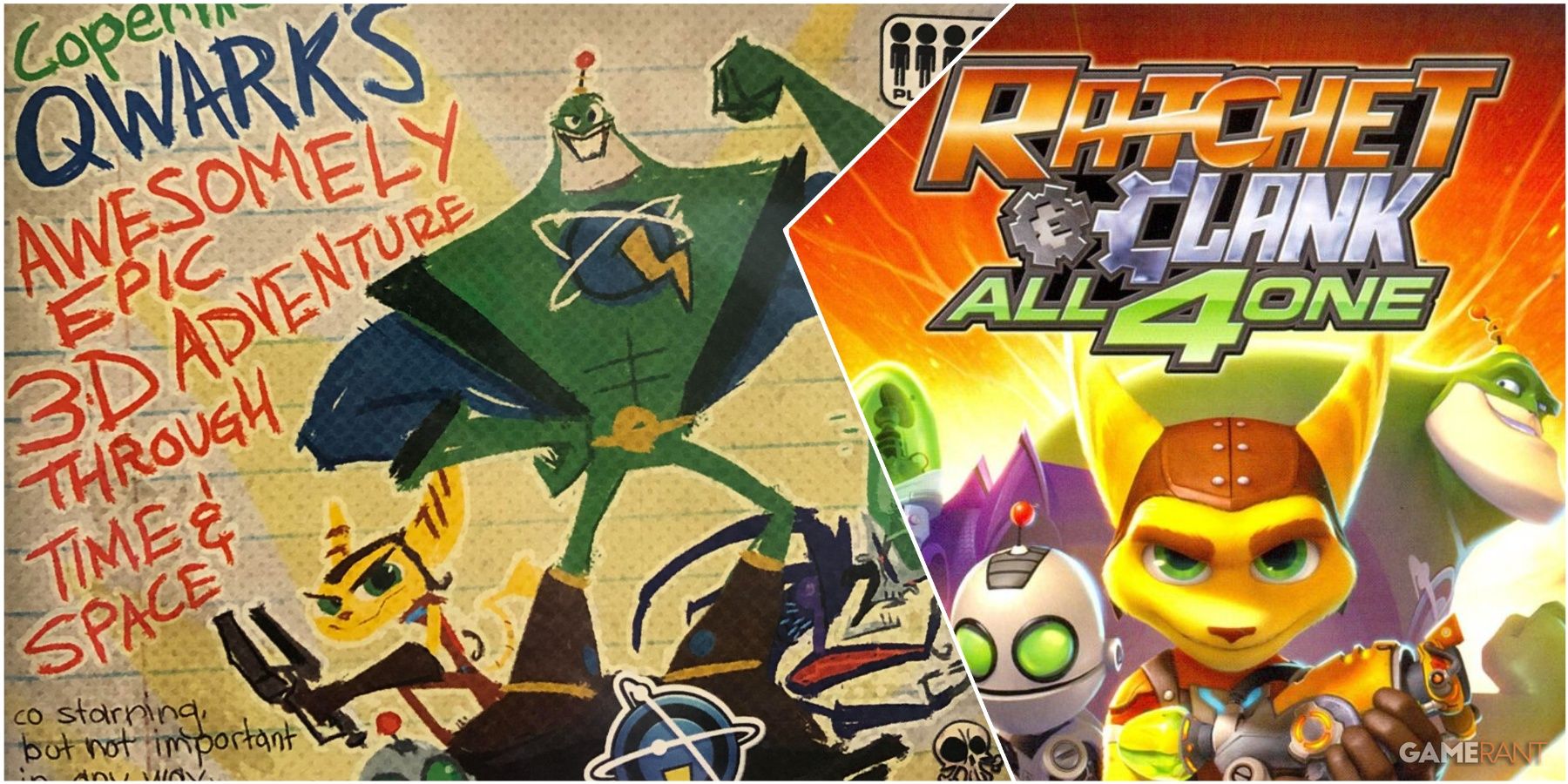 A Collage Of Ratchet & Clank All 4 One's Original Cover Art & Its Reversible Variant