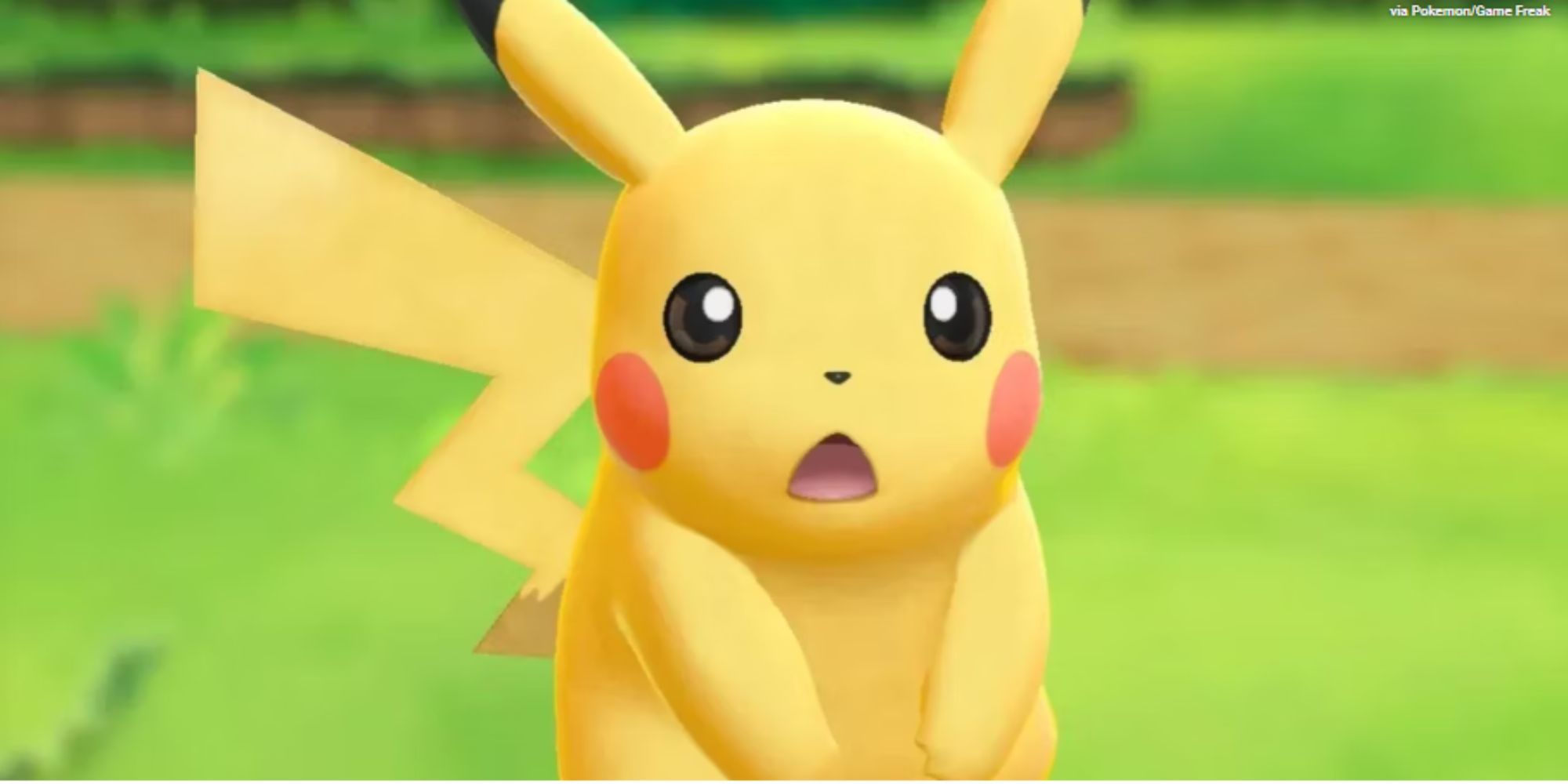 Pikachu looking shocked in Pokemon Let's Go Pikachu.