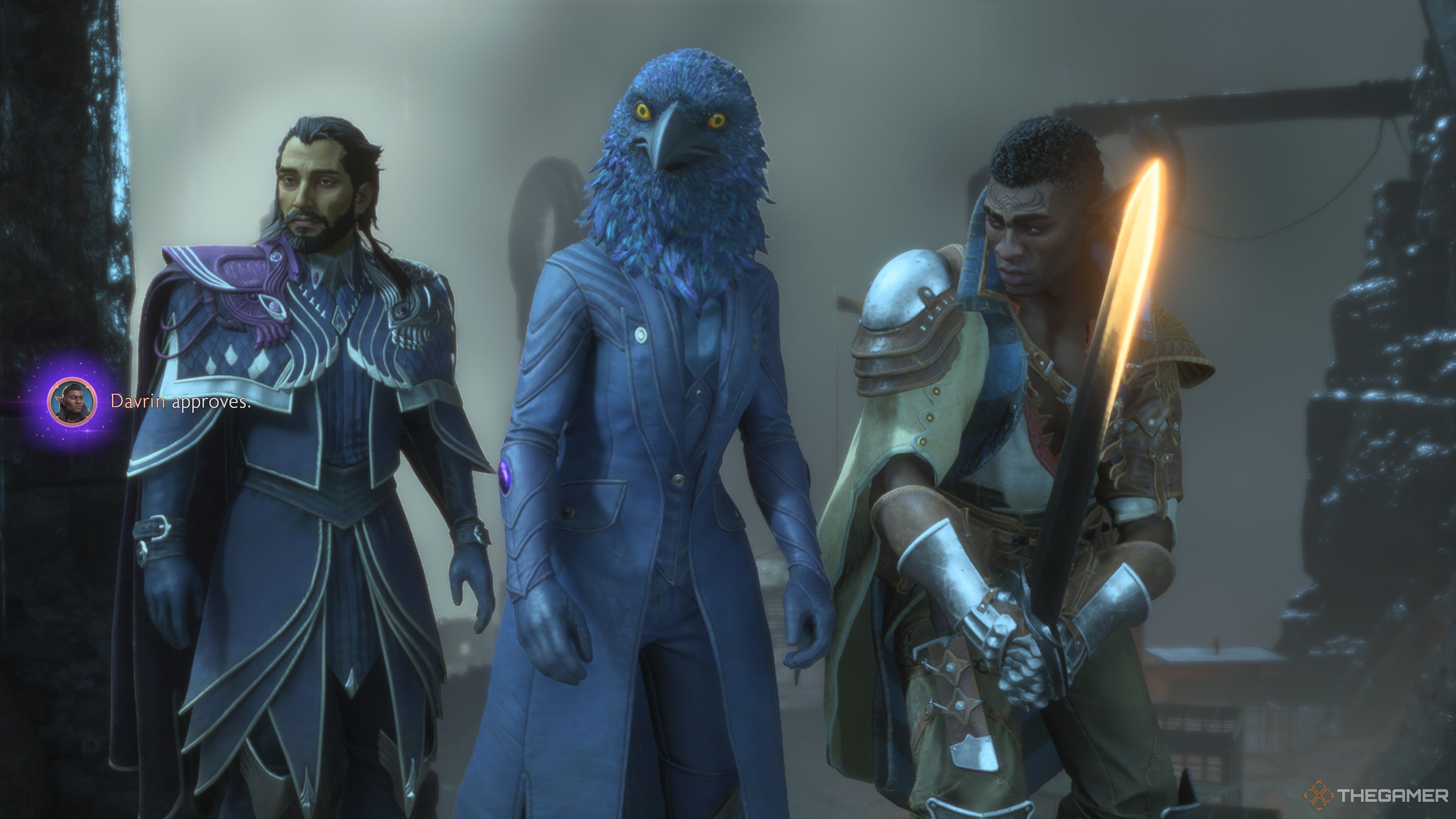 Rook wearing a crow helmet, Lucanis, and Davrin in Dragon Age The Veilguard