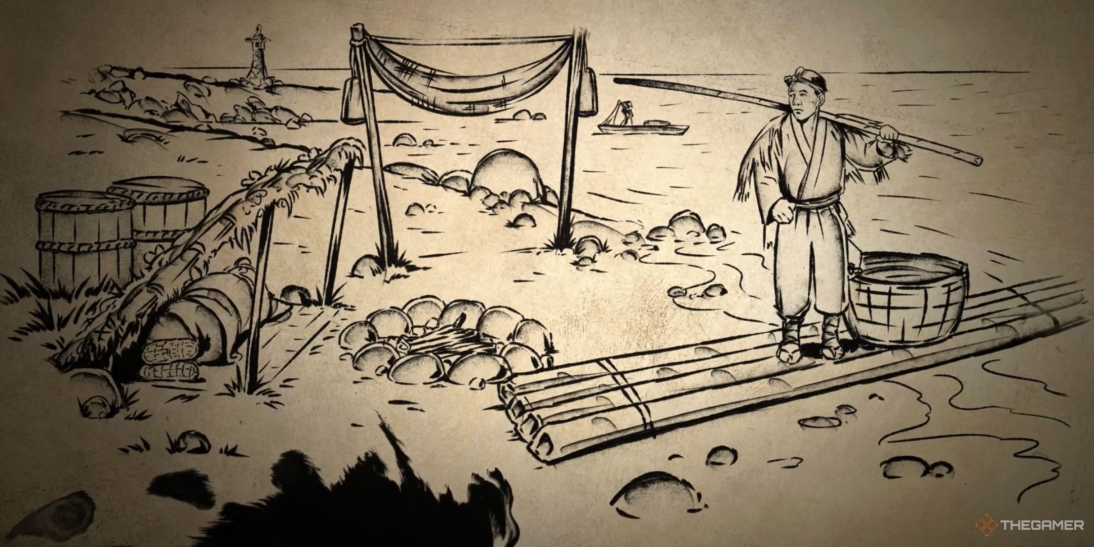 an ink painting of a peasant fisherman on the shore during the opening sequence of sengoku dynasty.