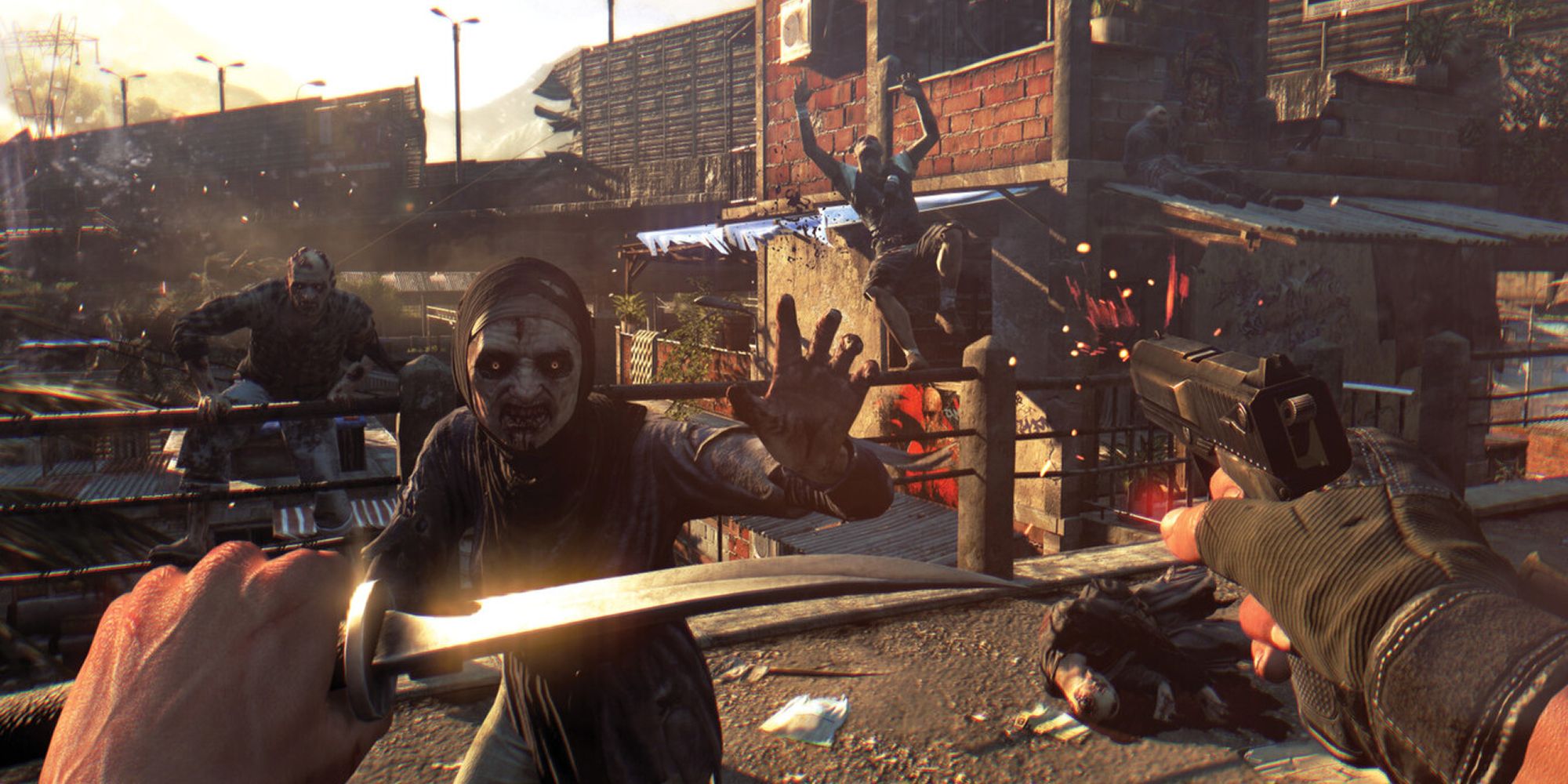 A player with a knife and a gun facing a zombie. 