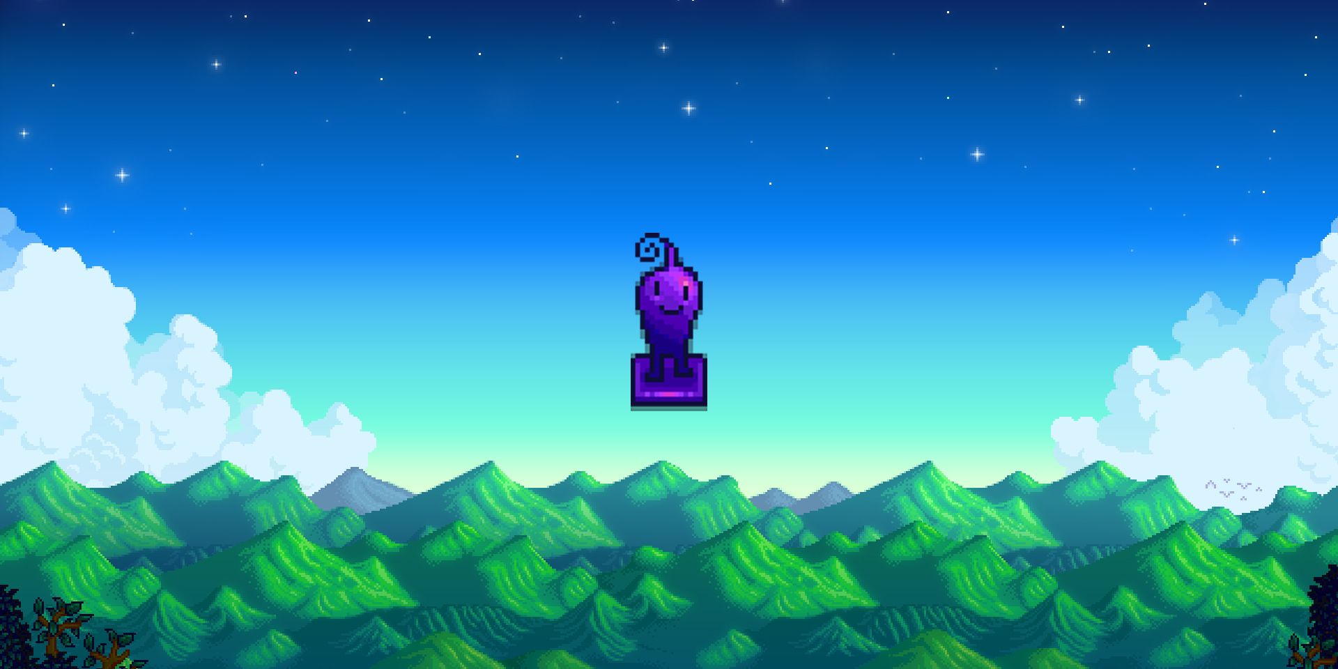 Stardew Valley Iridium Krobus Statue on mountain background.