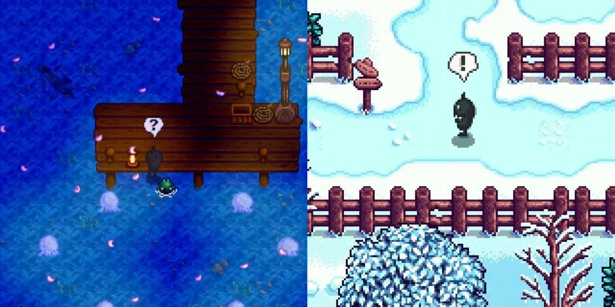 Split image screenshots of Krobus on the pier and in the snow in Stardew Valley.