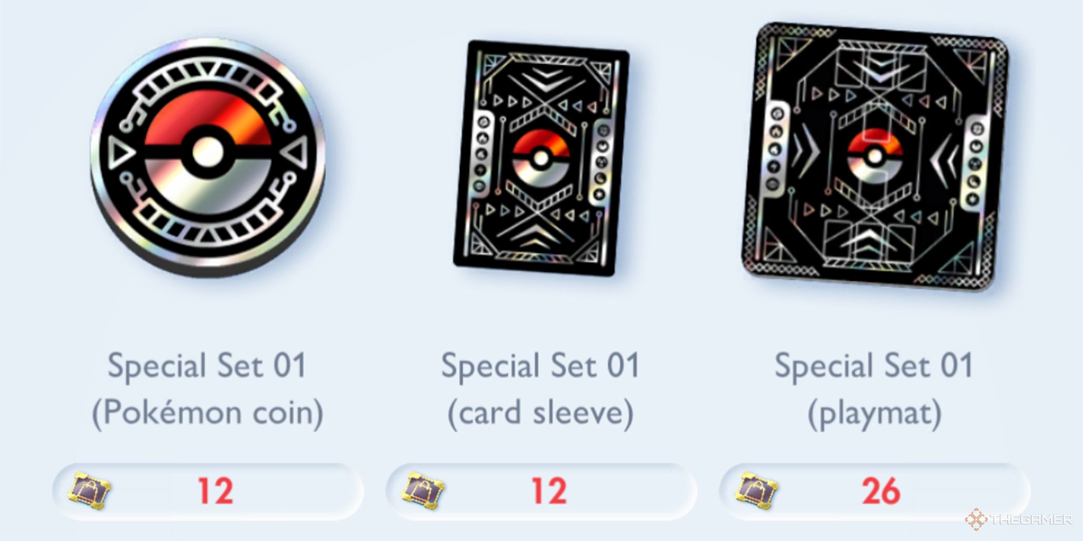 A few of the items available to buy with Special Shop Tickets, including a Special Set 01 Coin, card sleeve, and playmat.