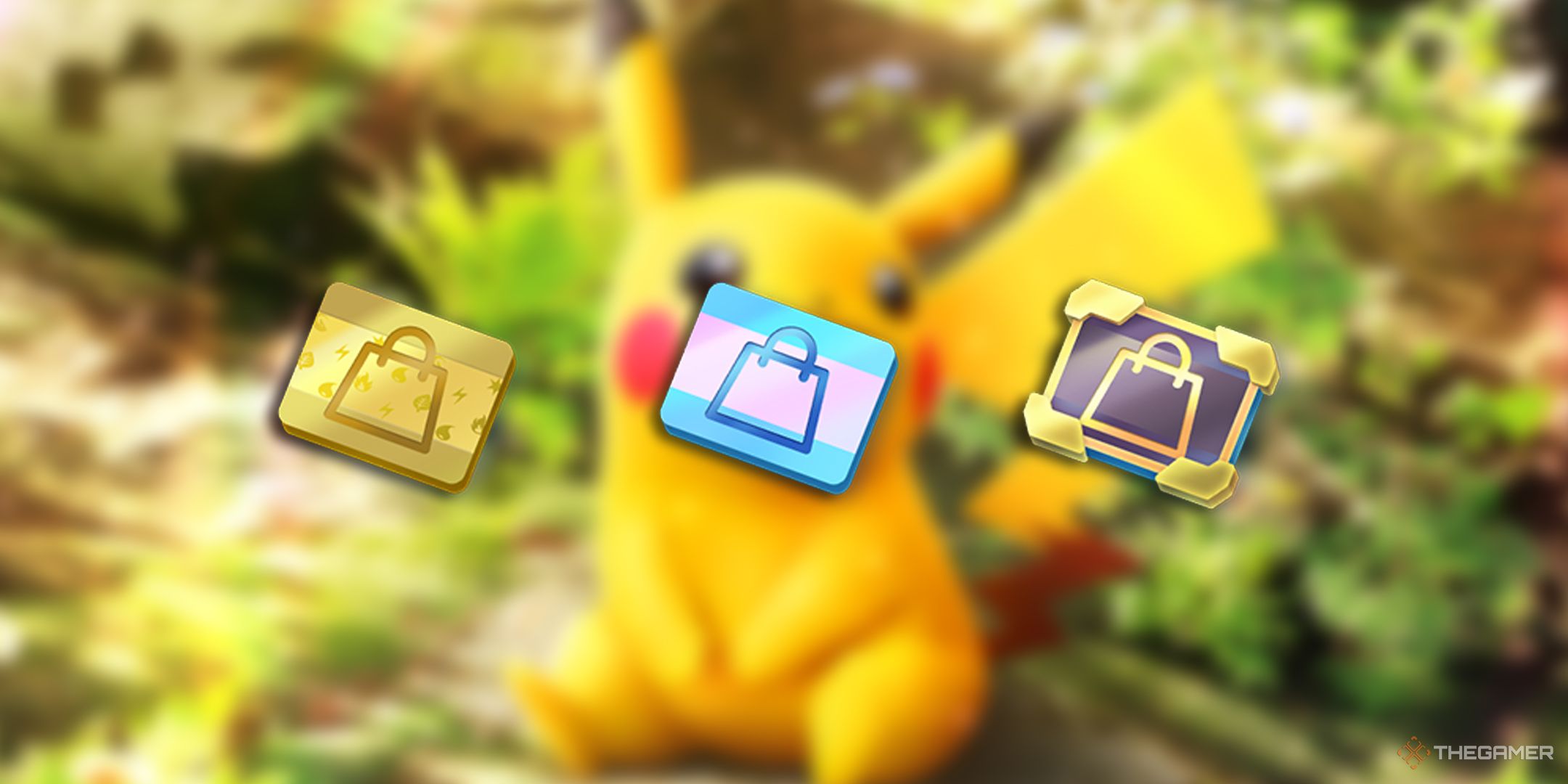 The three major shop currencies, Shop Tickets, Special Shop Tickets, and Premium Tickets displayed over a blurry Pikachu in the background.