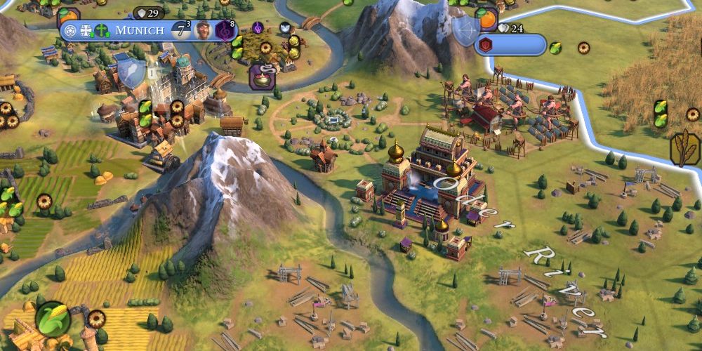 the great bath wonder, with several districts under construction nearby, in civilization 6