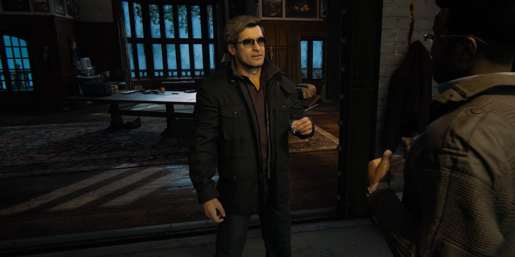 Adler holding a cigarette and talking to Troy Marshall in Call of Duty: Black Ops 6.