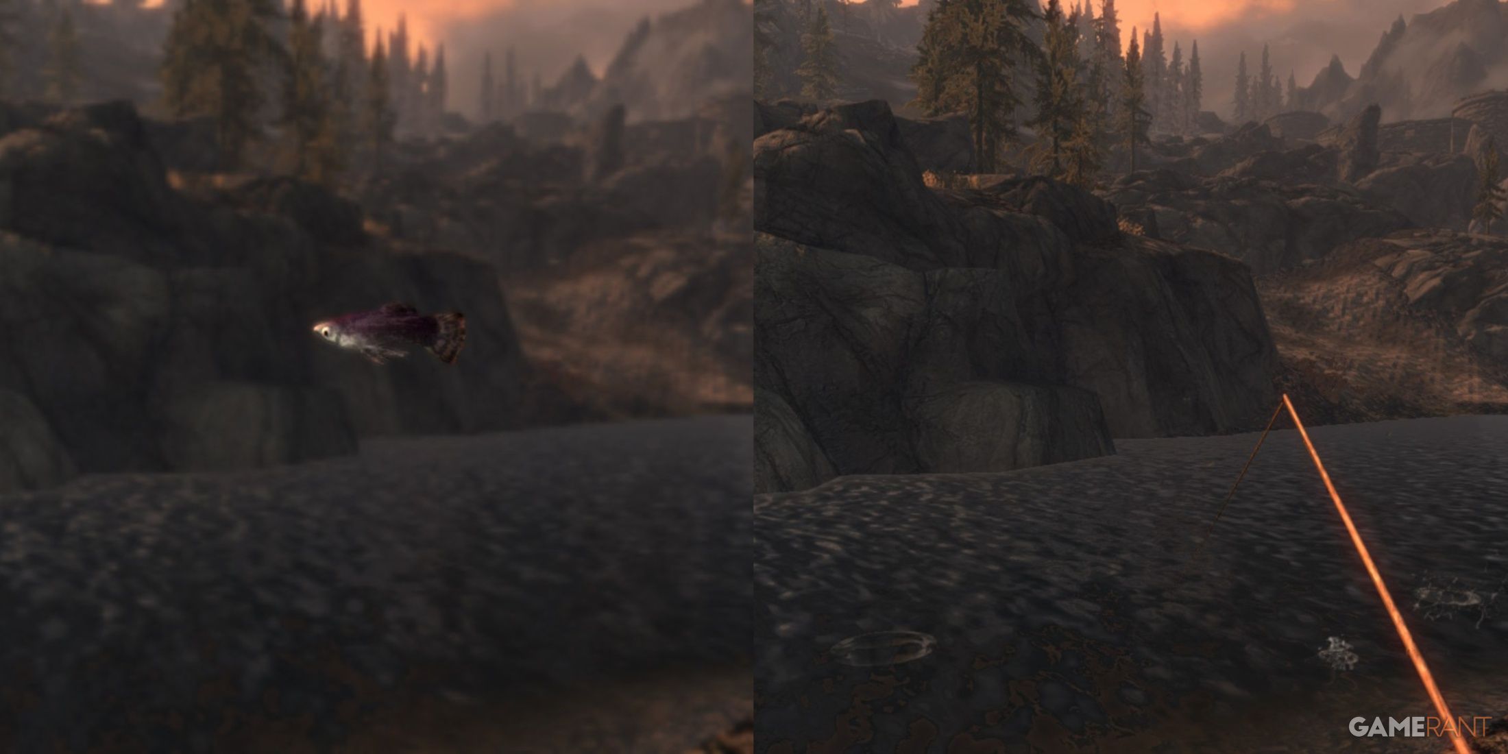 A recently caught fish and main character fishing in Skyrim