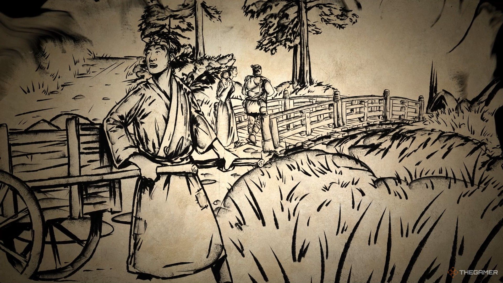 an ink painting of peasants using a newly-constructed bridge in sengoku dynasty.