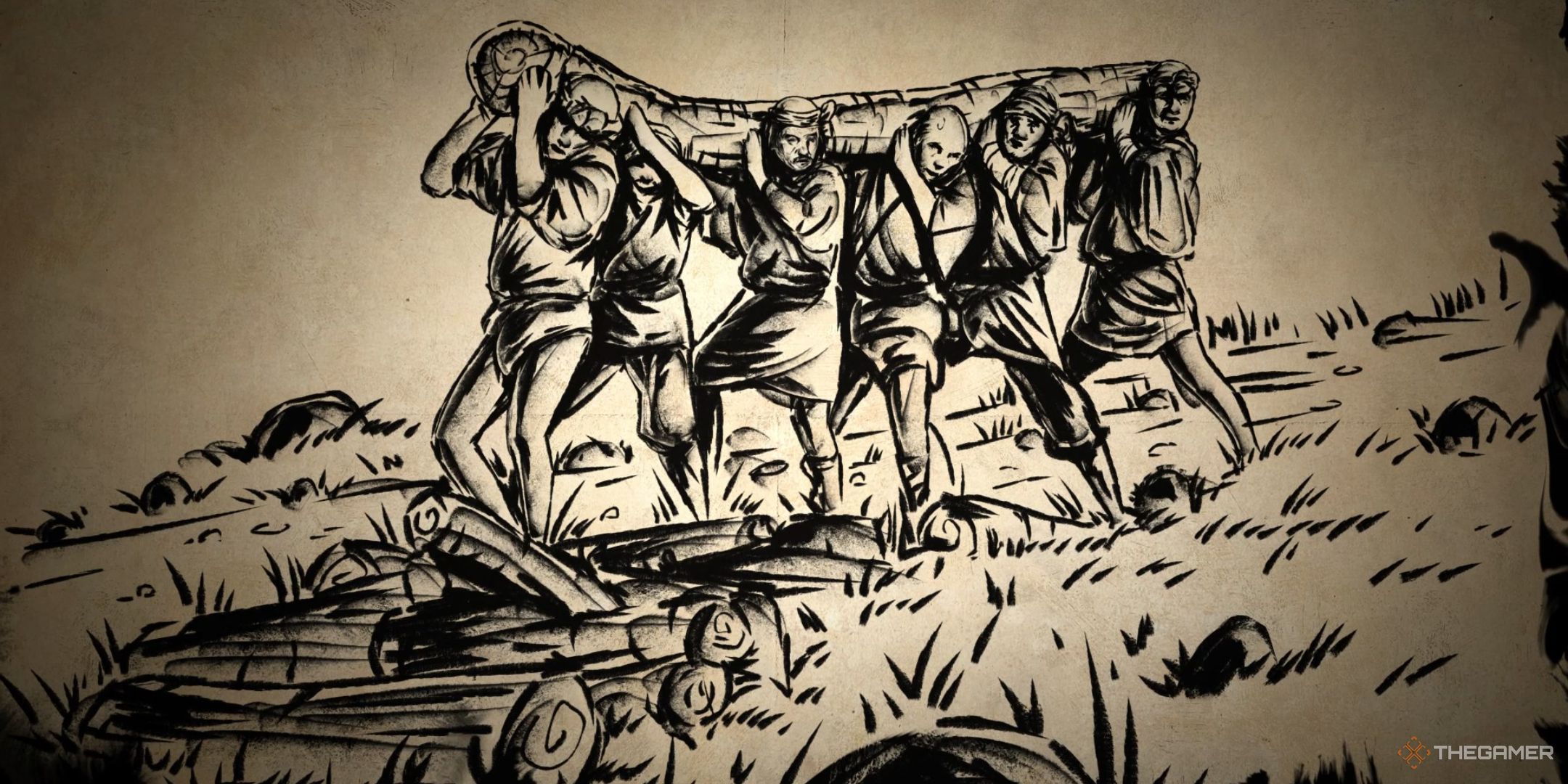 an ink painting of six peasants workign together to carry building materials in sengoku dynasty.