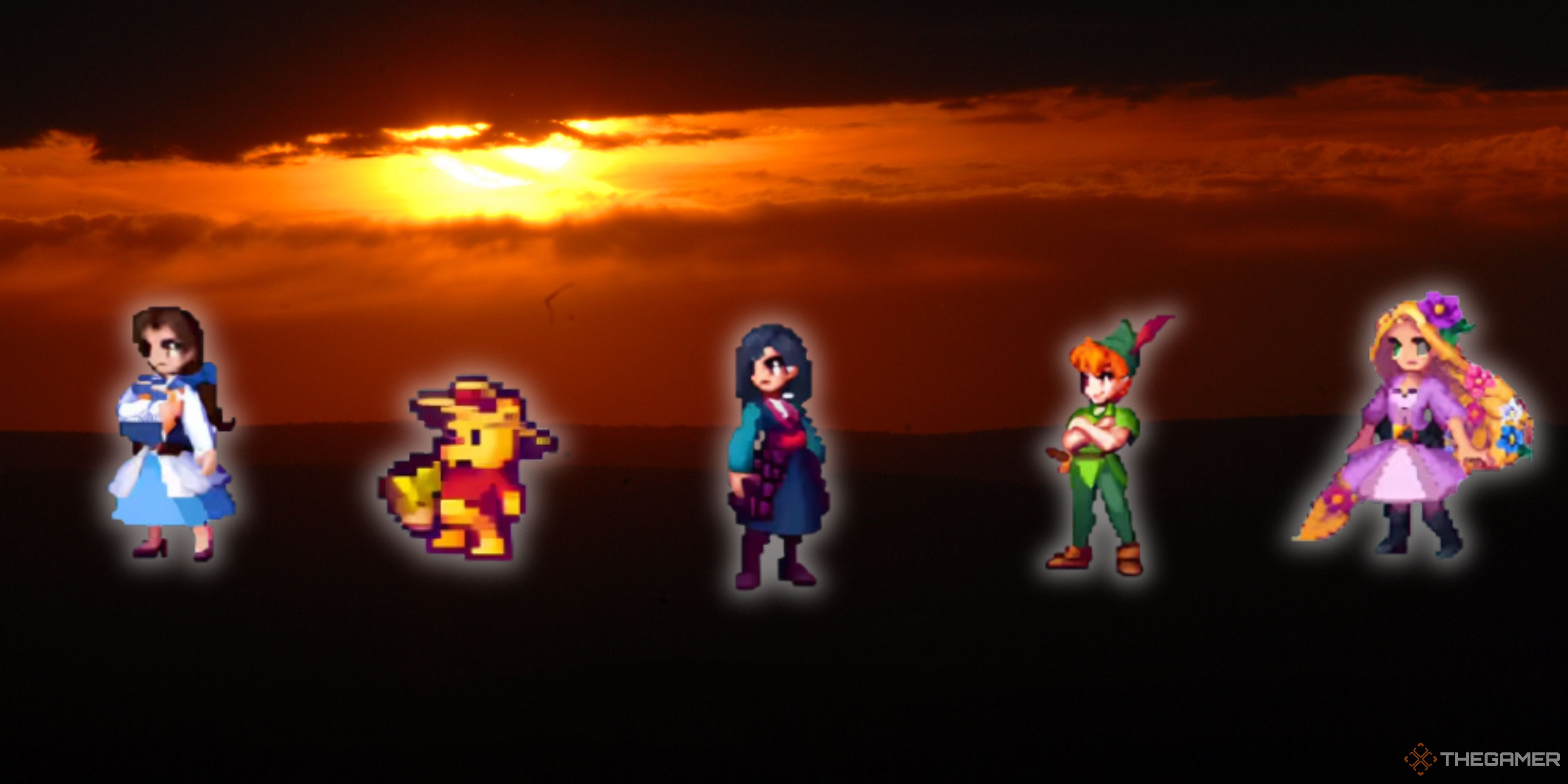 Belle, Pooh, Mulan, Peter Pan, and Rapunzel are lined up against a sunset.