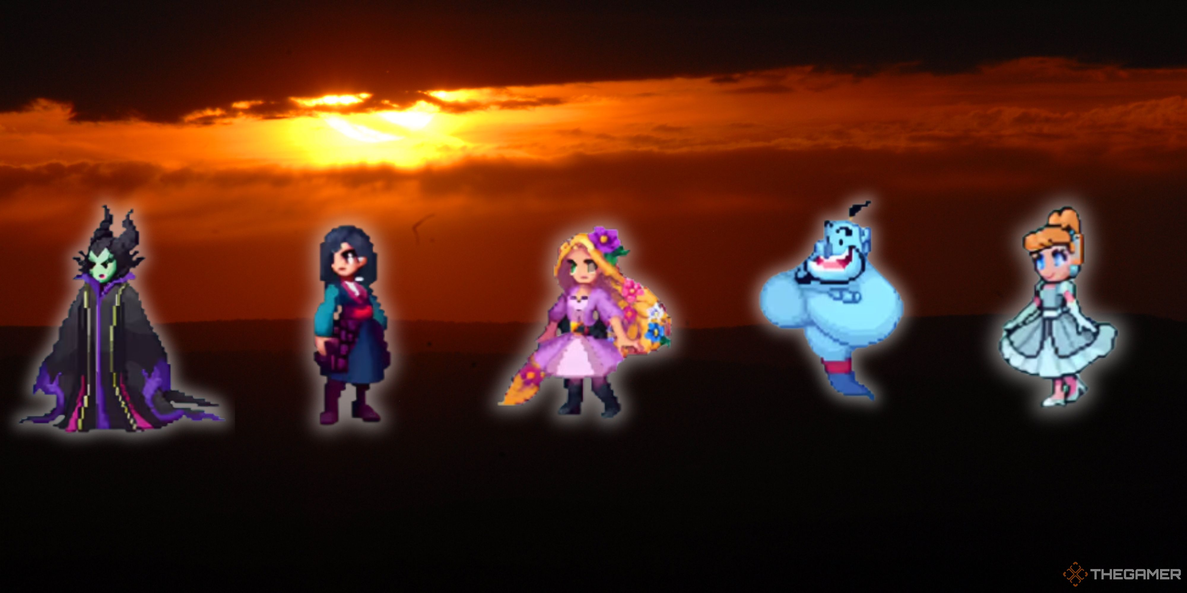 Maleficent, Mulan, Rapunzel, Genie, and Cinderella are lined up against a sunset.